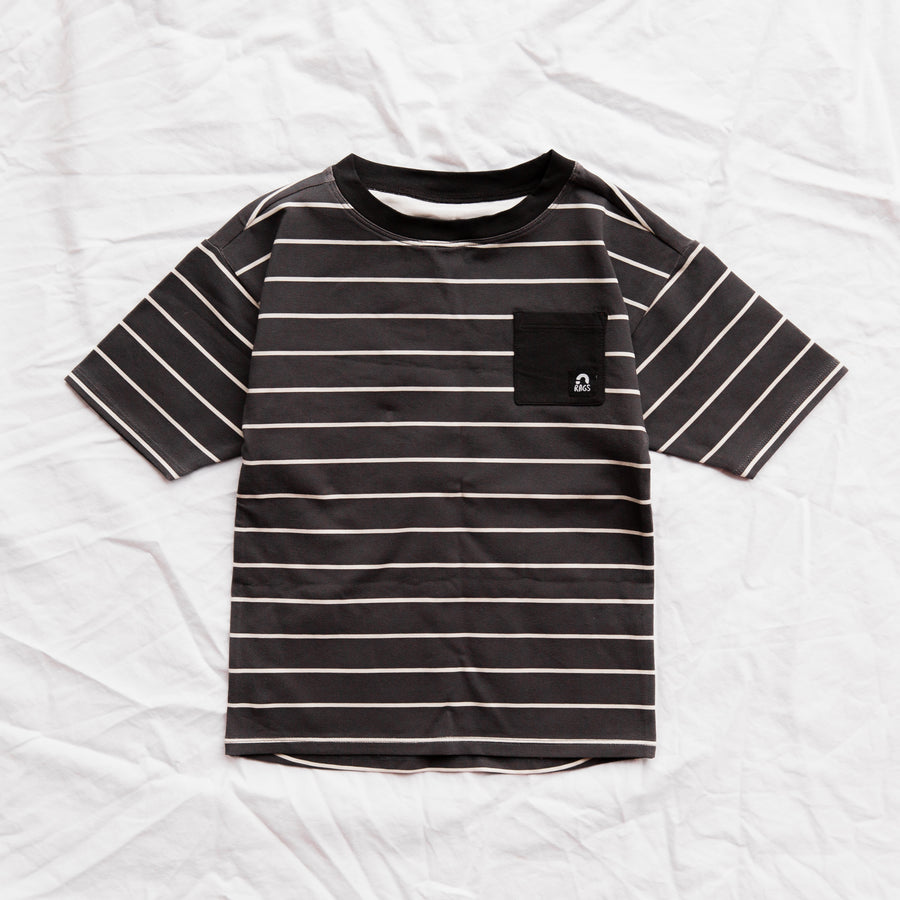 Drop Shoulder Pocket Kids Tee - Black and White Stripe