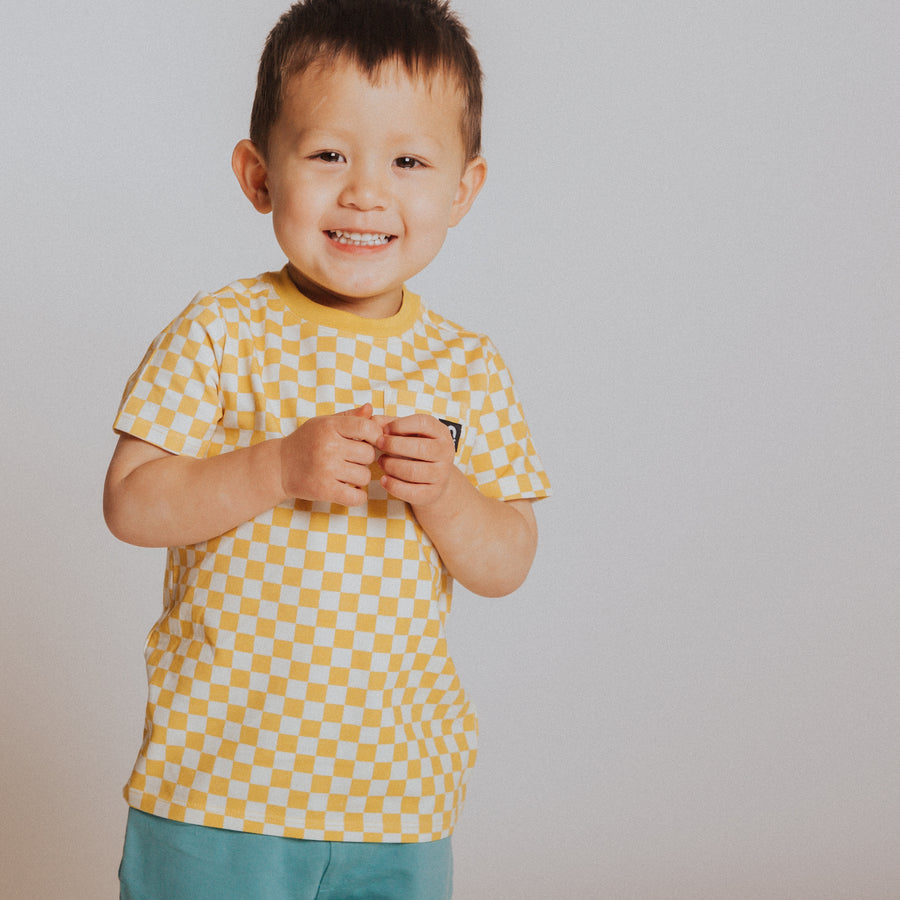 Essentials Short Sleeve Chest Pocket Rounded Kids Tee - 'Yellow Check'