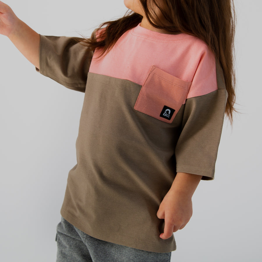 Drop Shoulder Pocket Kids Tee - Chai Tea Color Block