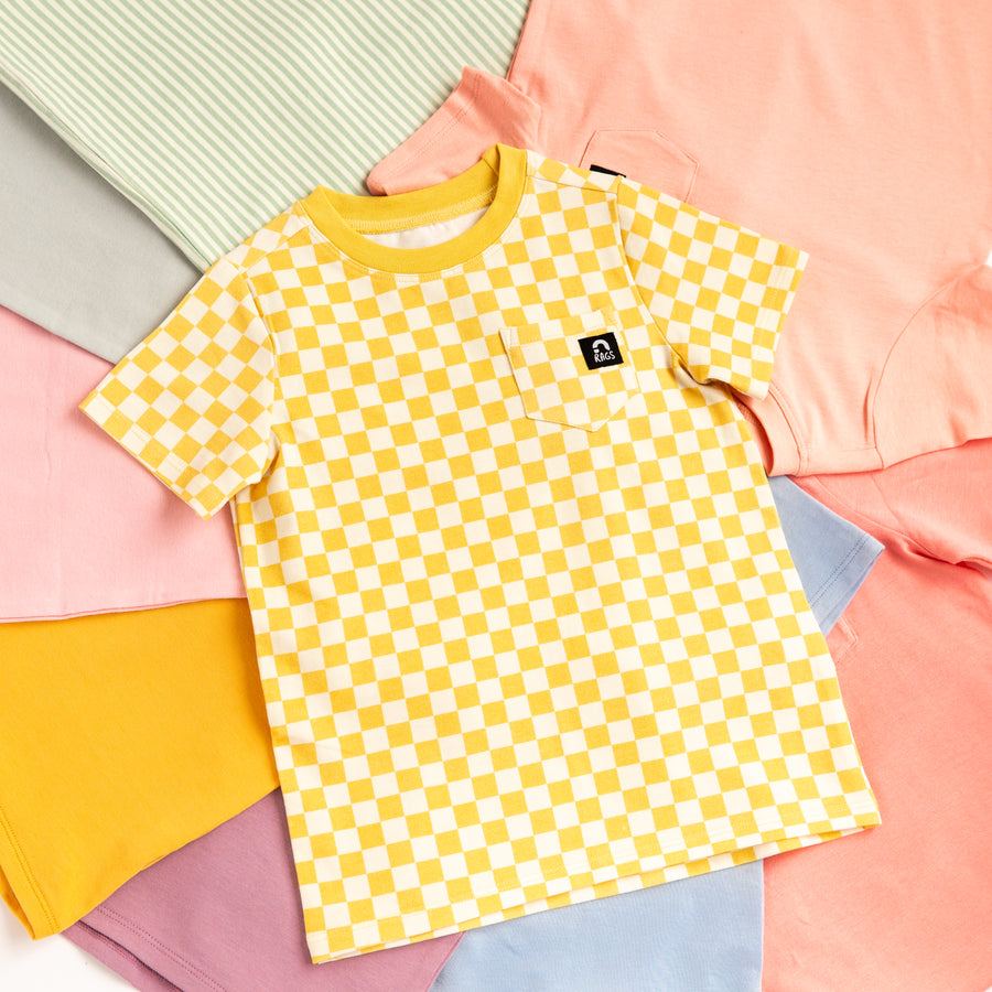 Essentials Short Sleeve Chest Pocket Rounded Kids Tee - 'Yellow Check'
