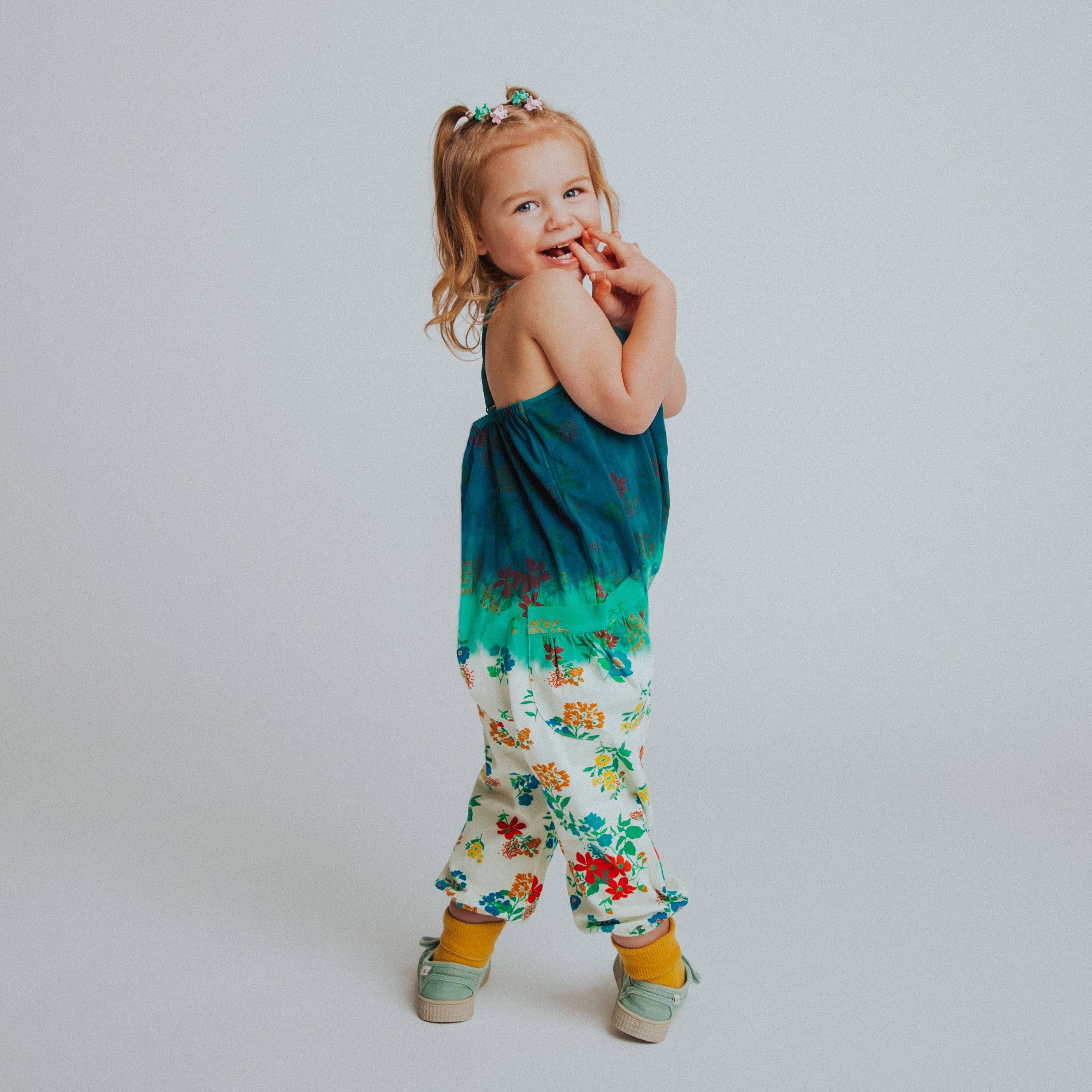 Gathered Strappy Tank Rag Romper With Side Pockets- Dip Dye Floral