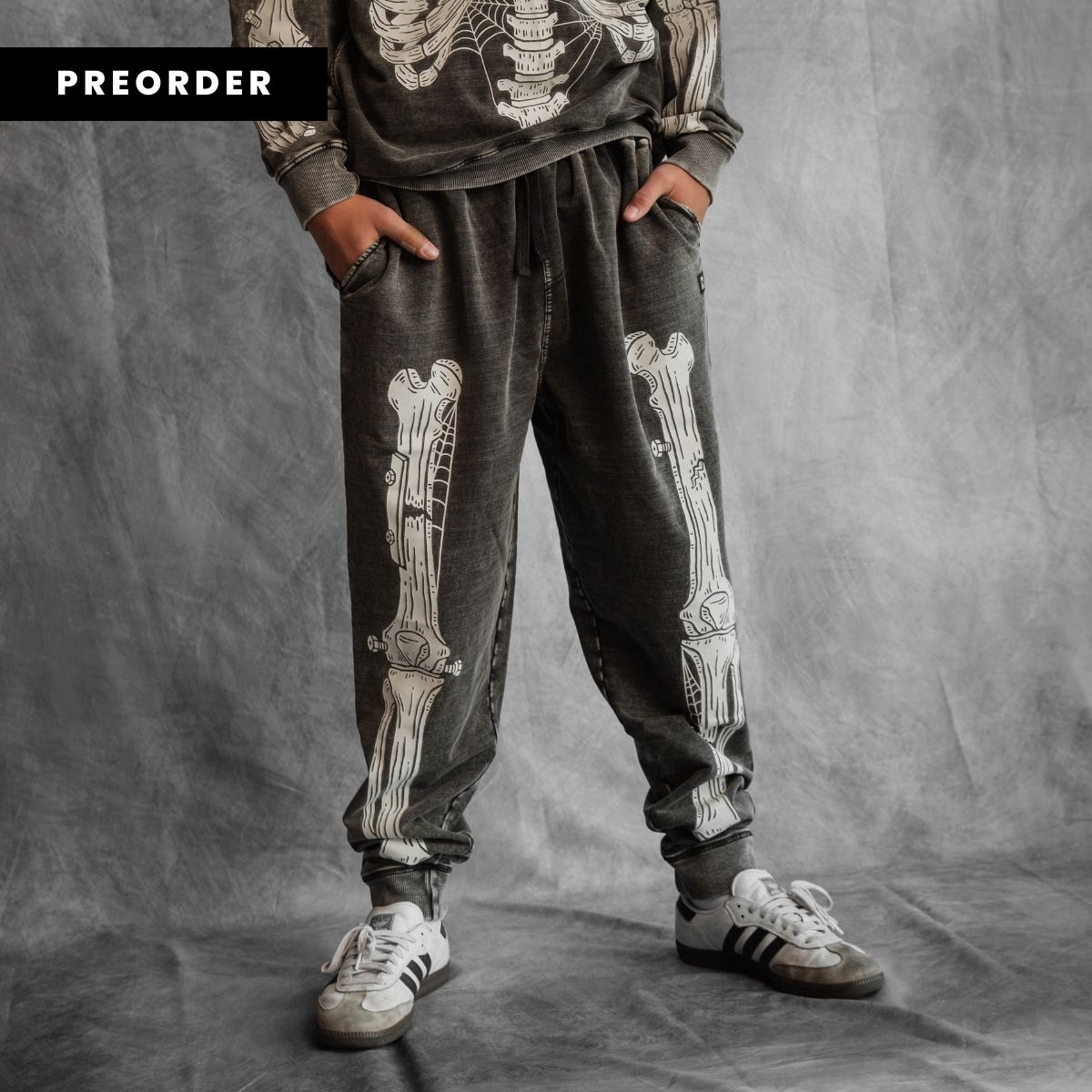 Adult Unisex Joggers - Cream Skelly on Washed Black Denim