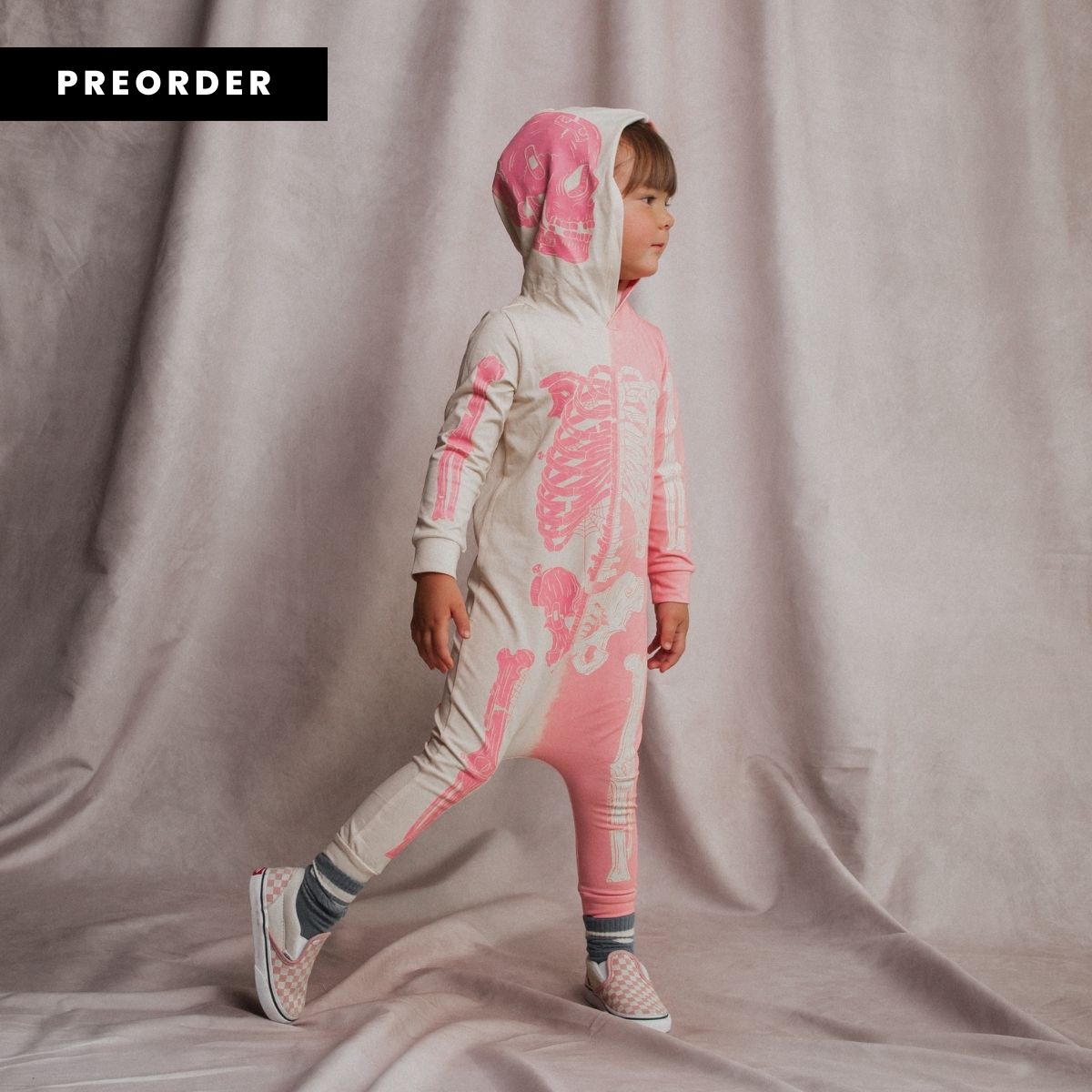 ***PREORDER*** Long Sleeve Hooded Rag Romper - 'Full Body Skelly' - Pink & White