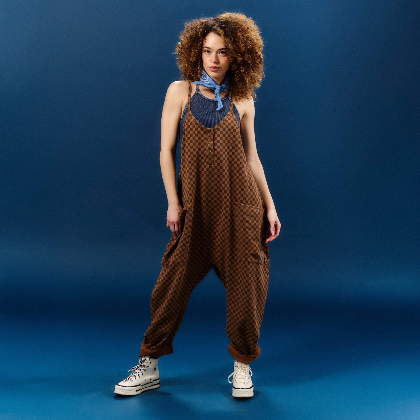 Women's Tank Romper - Washed Cocoa Brown Mini Check