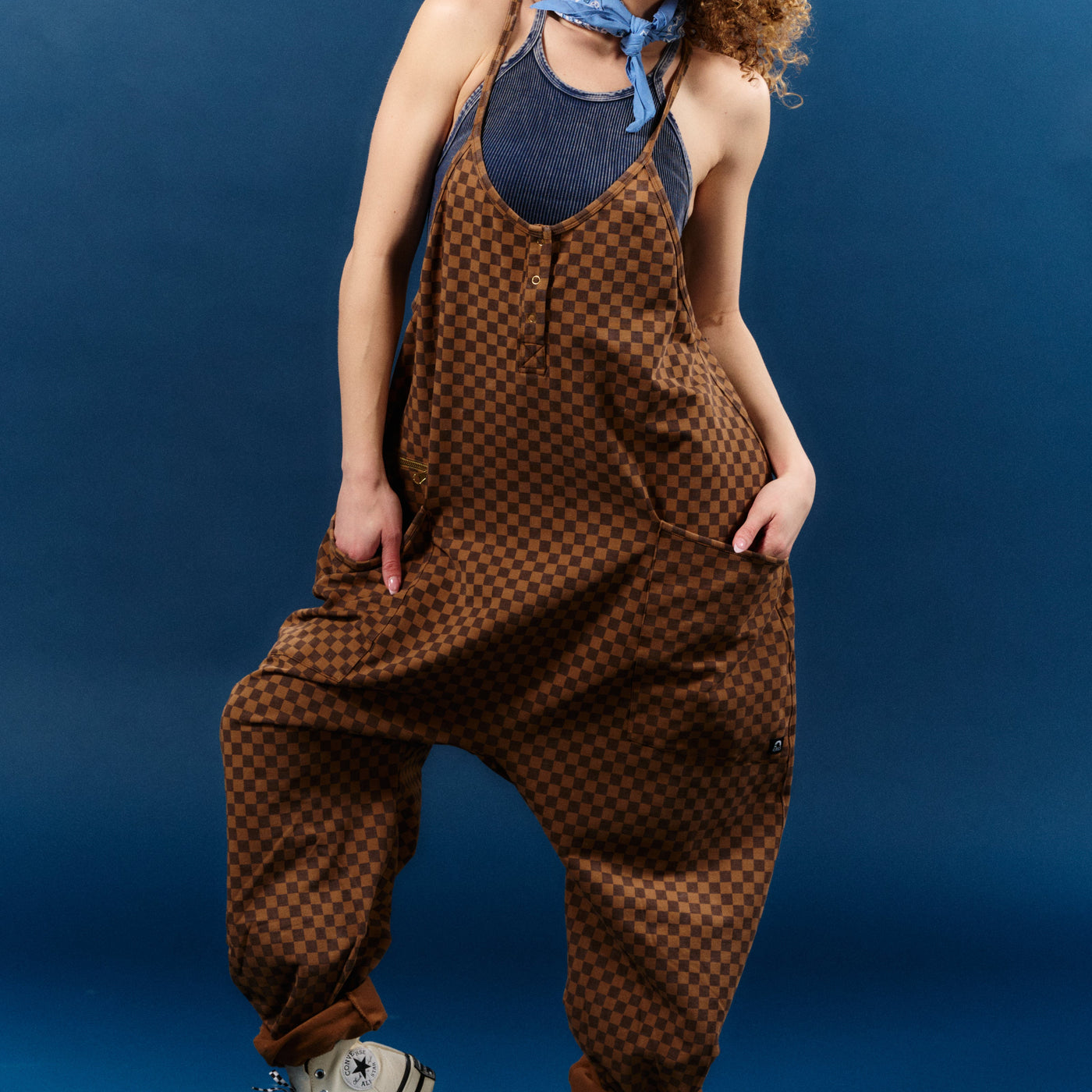 Women's Tank Romper - Washed Cocoa Brown Mini Check