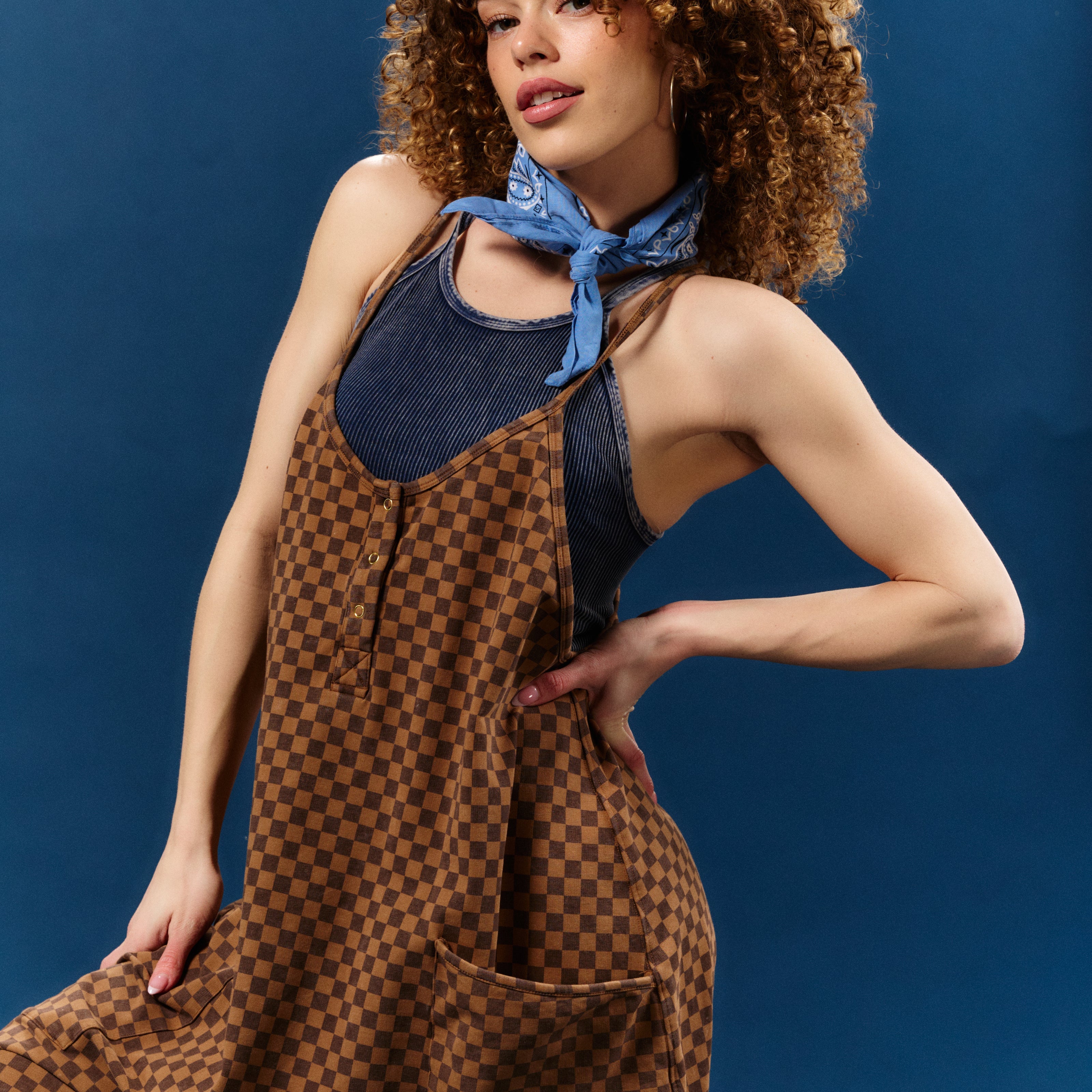 Women's Tank Romper - Washed Cocoa Brown Mini Check