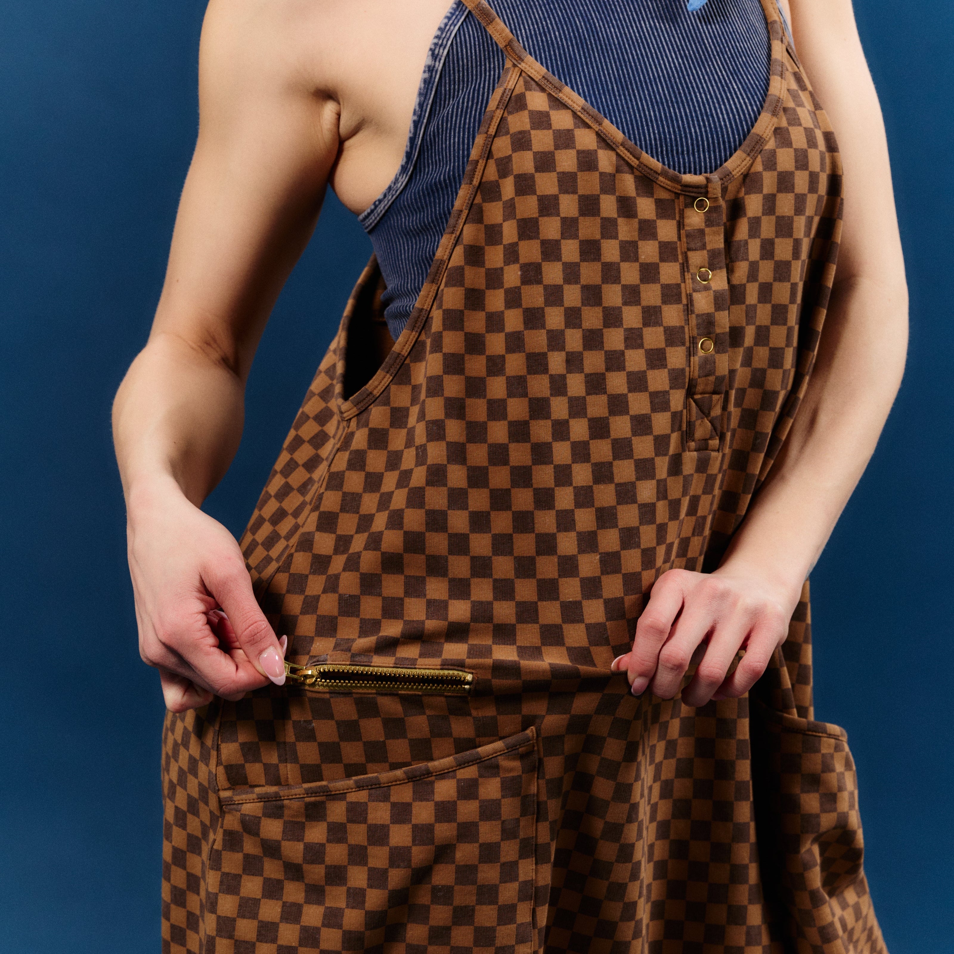 Women's Tank Romper - Washed Cocoa Brown Mini Check