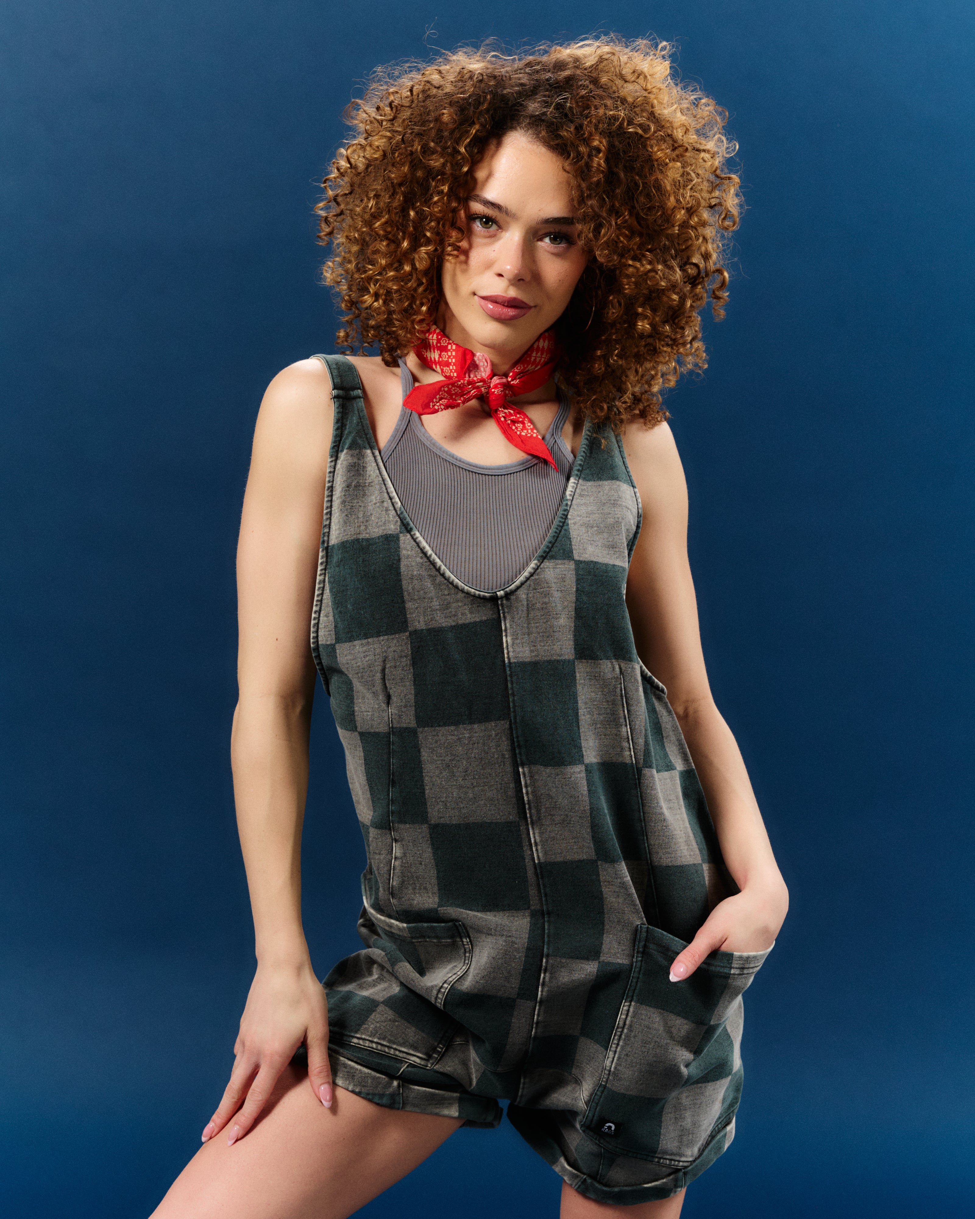 Adult Overall Shortie - Black Denim Check