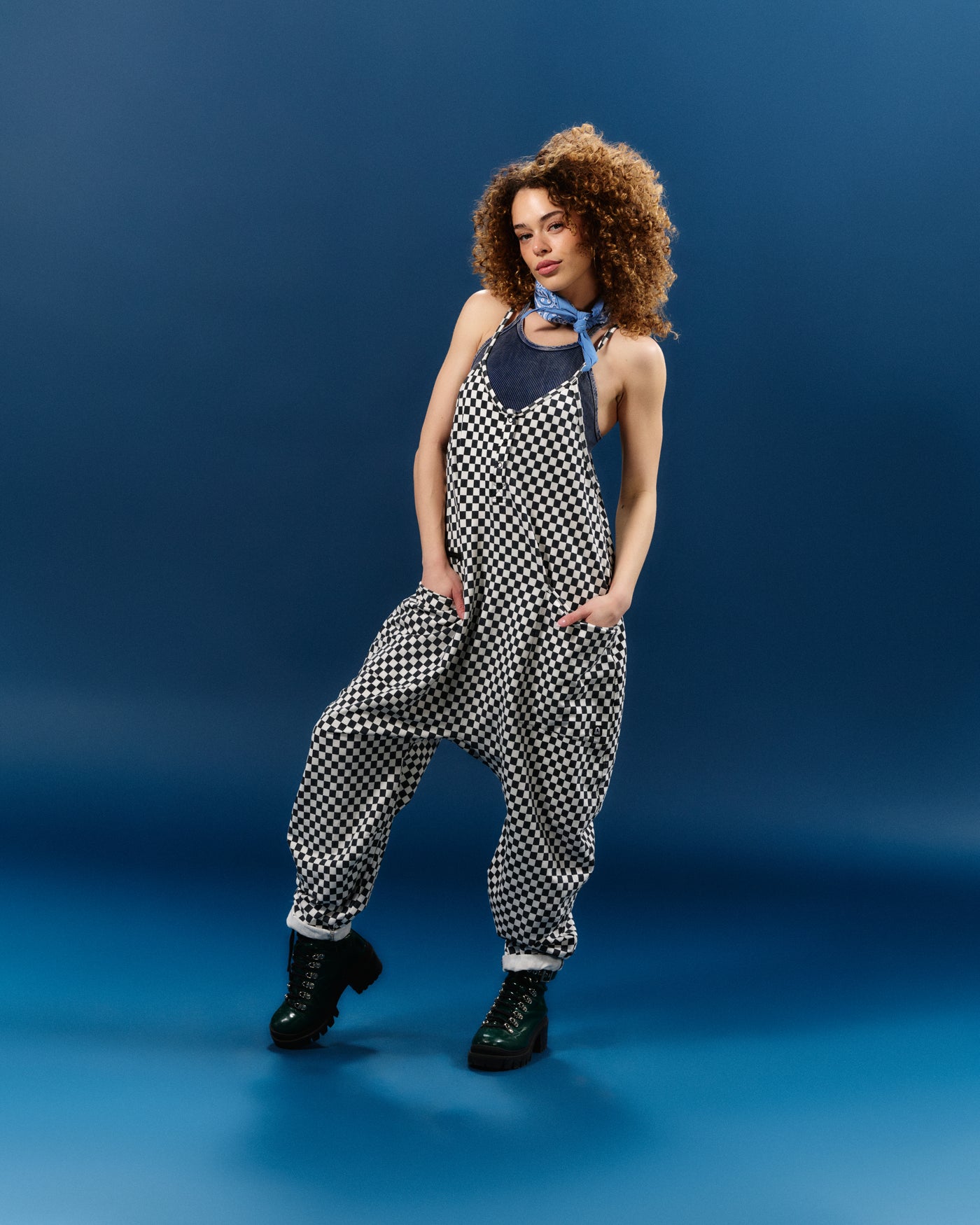 Women's Tank Romper - Black & White Mini Check