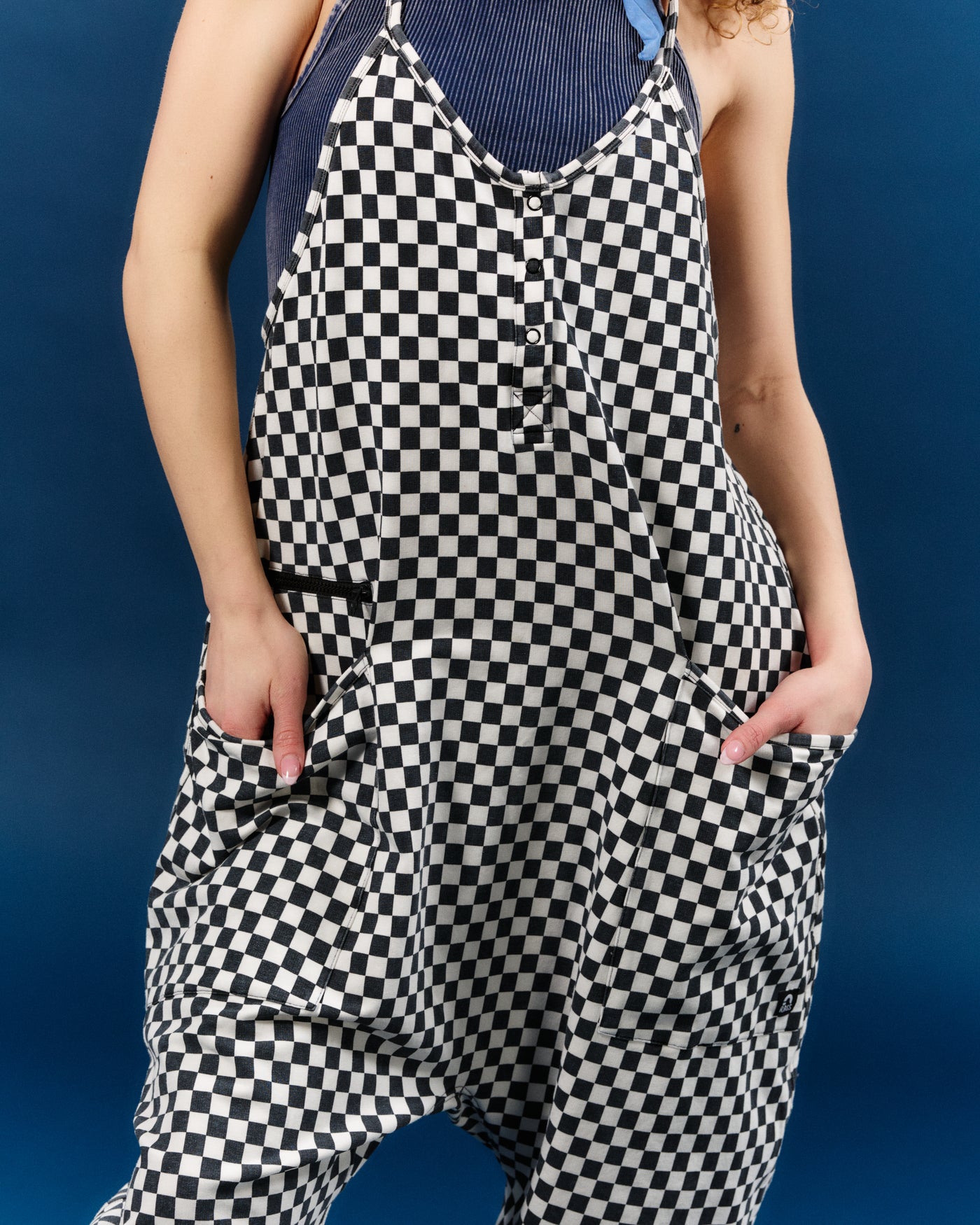 Women's Tank Romper - Black & White Mini Check