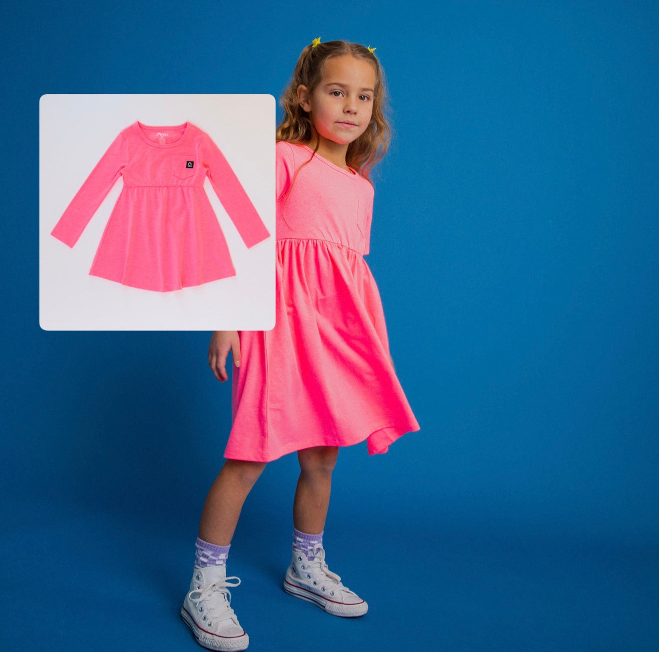 Essentials Long Sleeve Dress - Washed Neon Pink Essentials Long Sleeve Dress - Washed Neon Pink