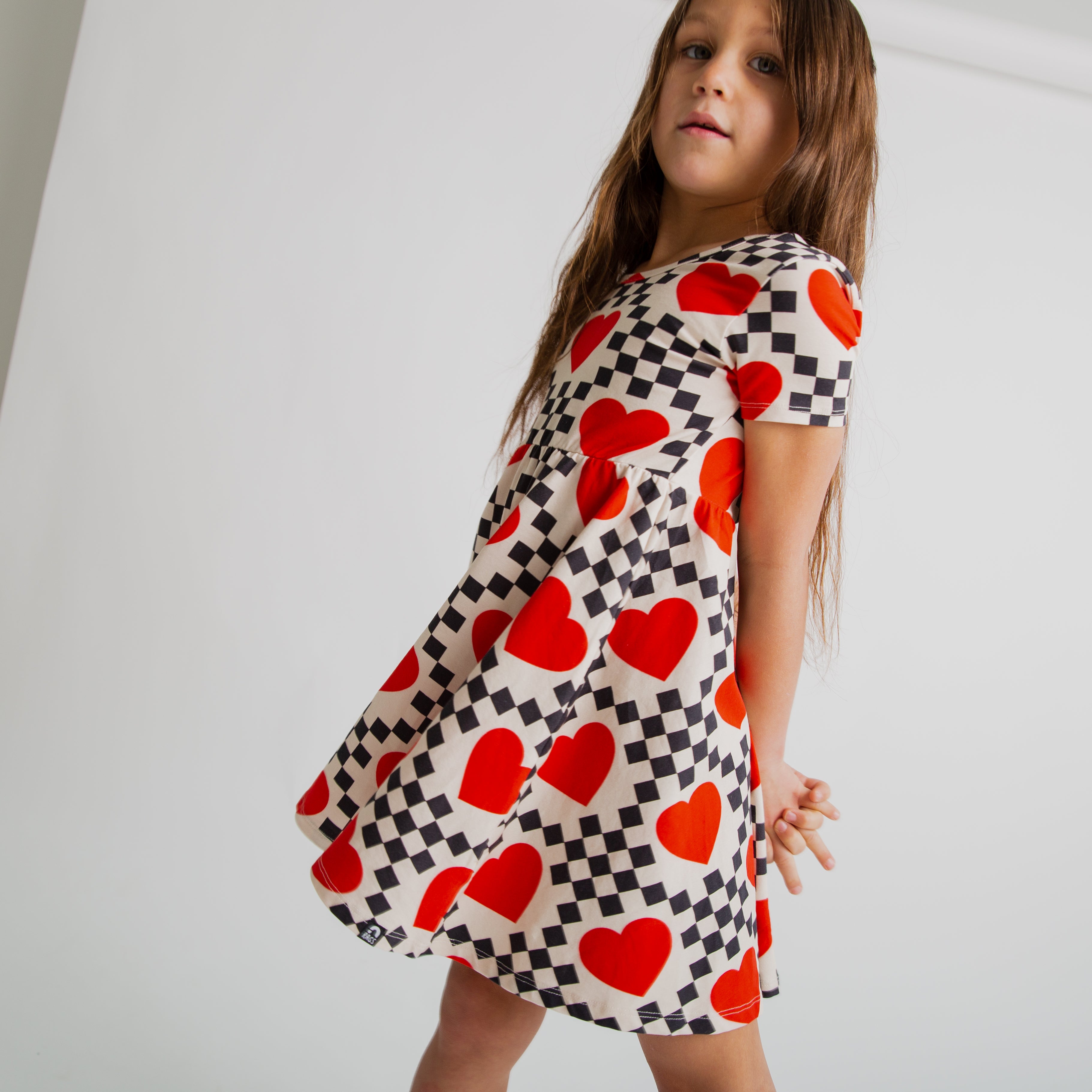 Short Sleeve Swing Dress - 'Checks & Hearts' - Size 2T