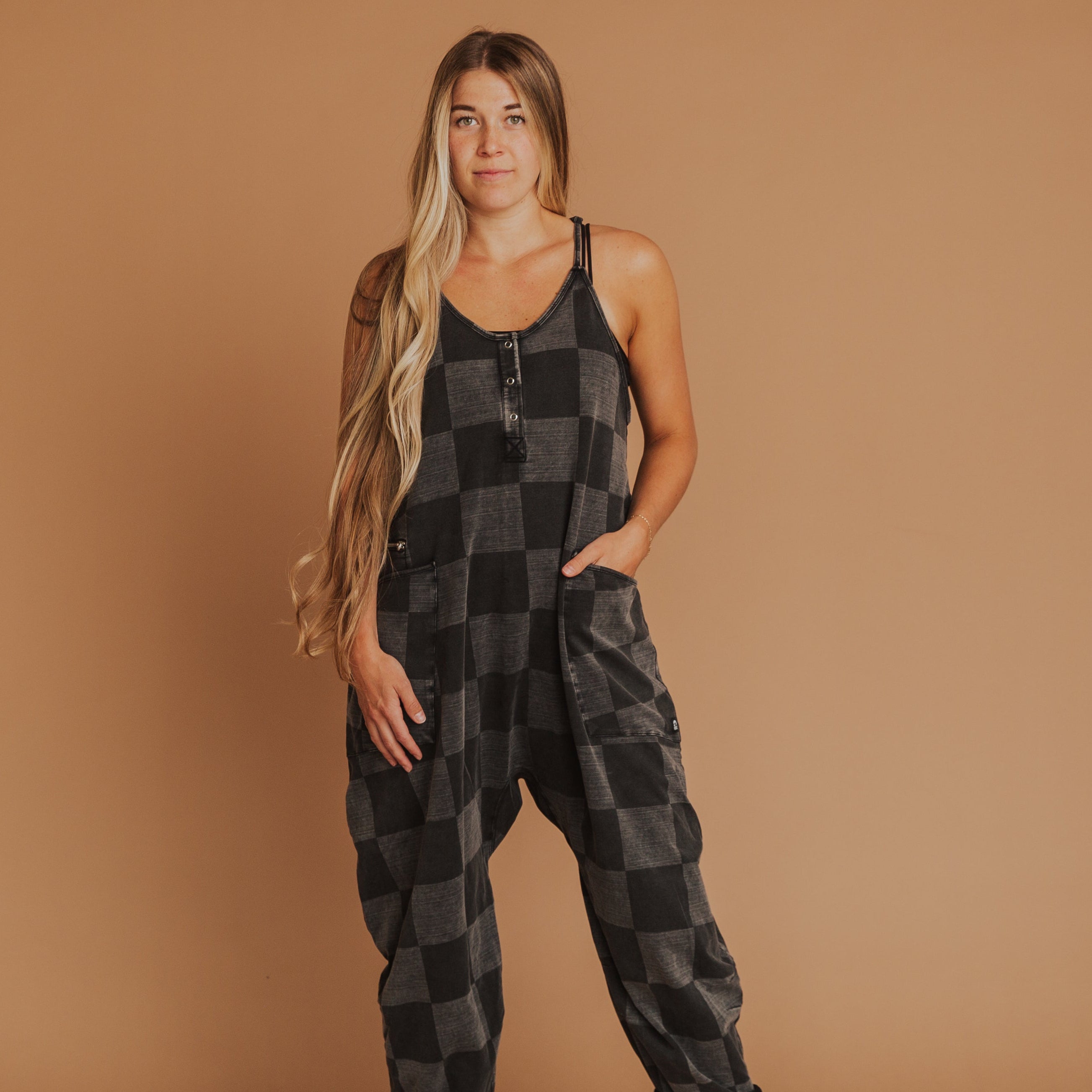 Women's Tank Romper - Black Denim Check