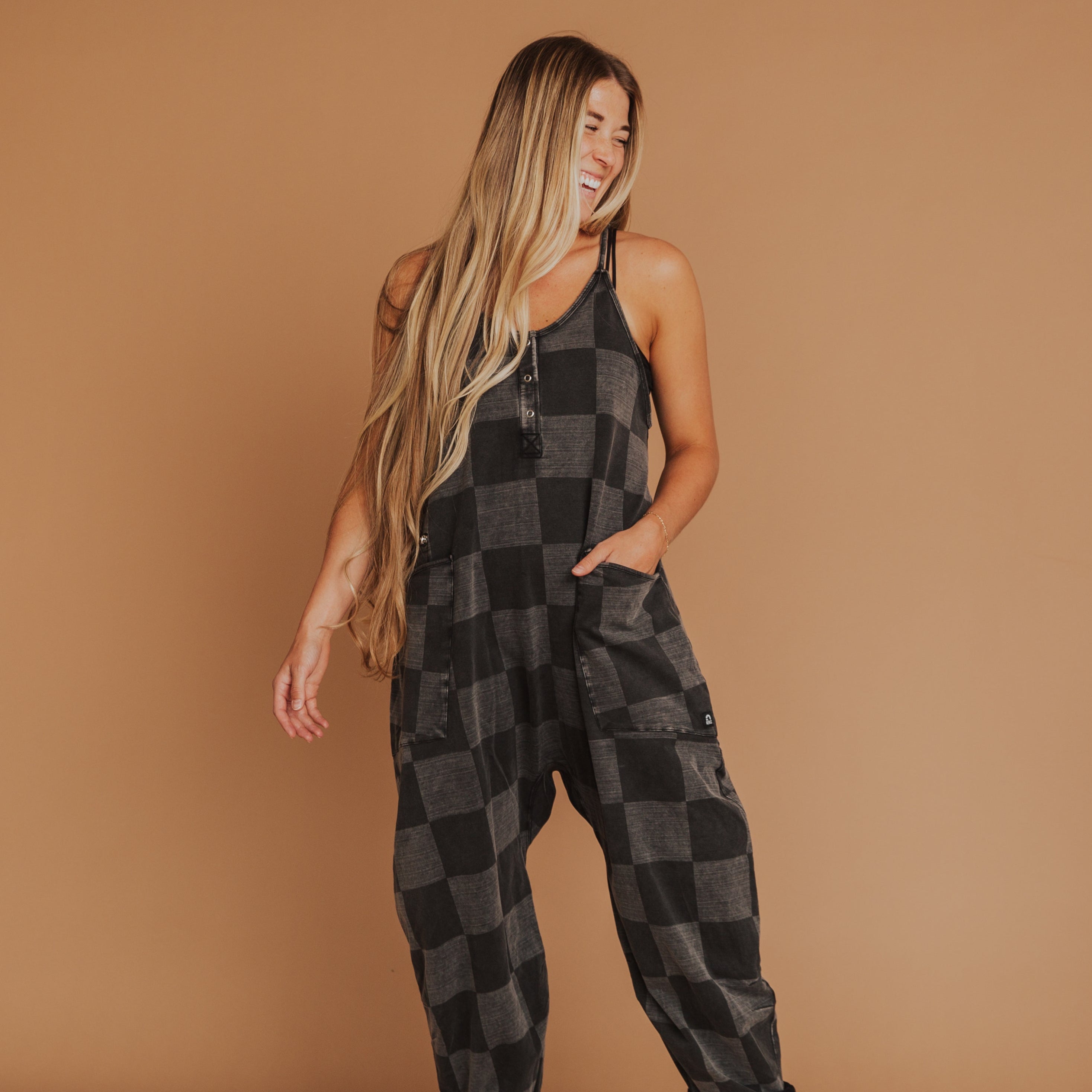 Women's Tank Romper - Black Denim Check