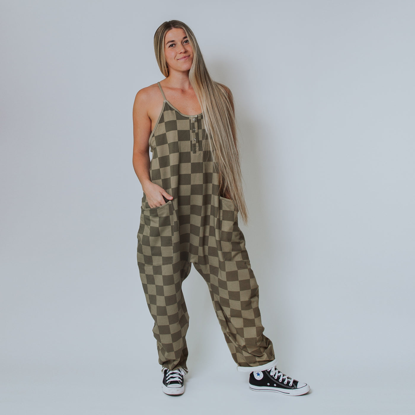 Women's Tank Romper - Olive Mono Check