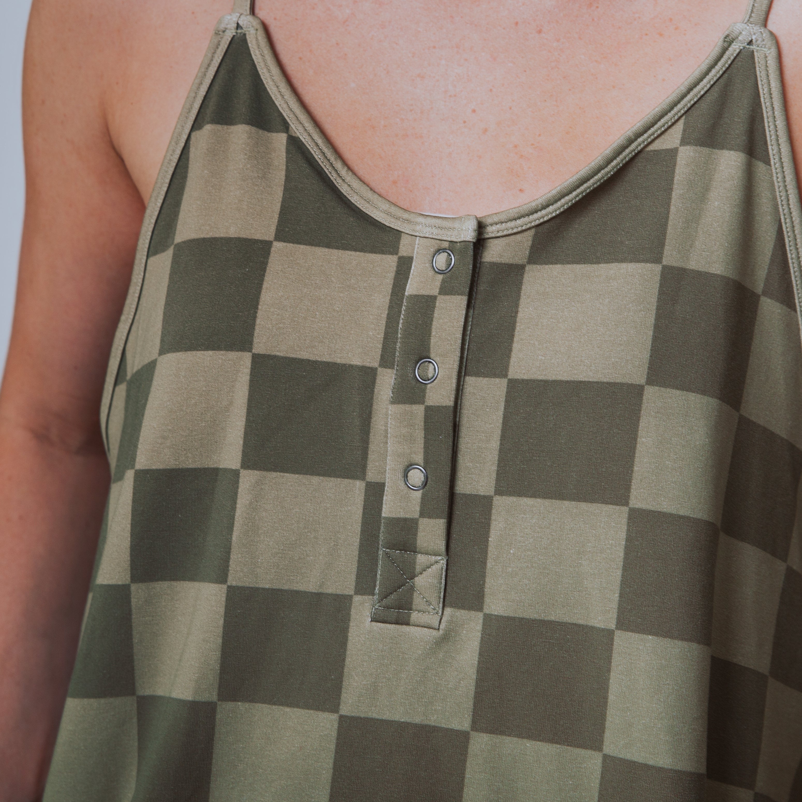 Women's Tank Romper - Olive Mono Check