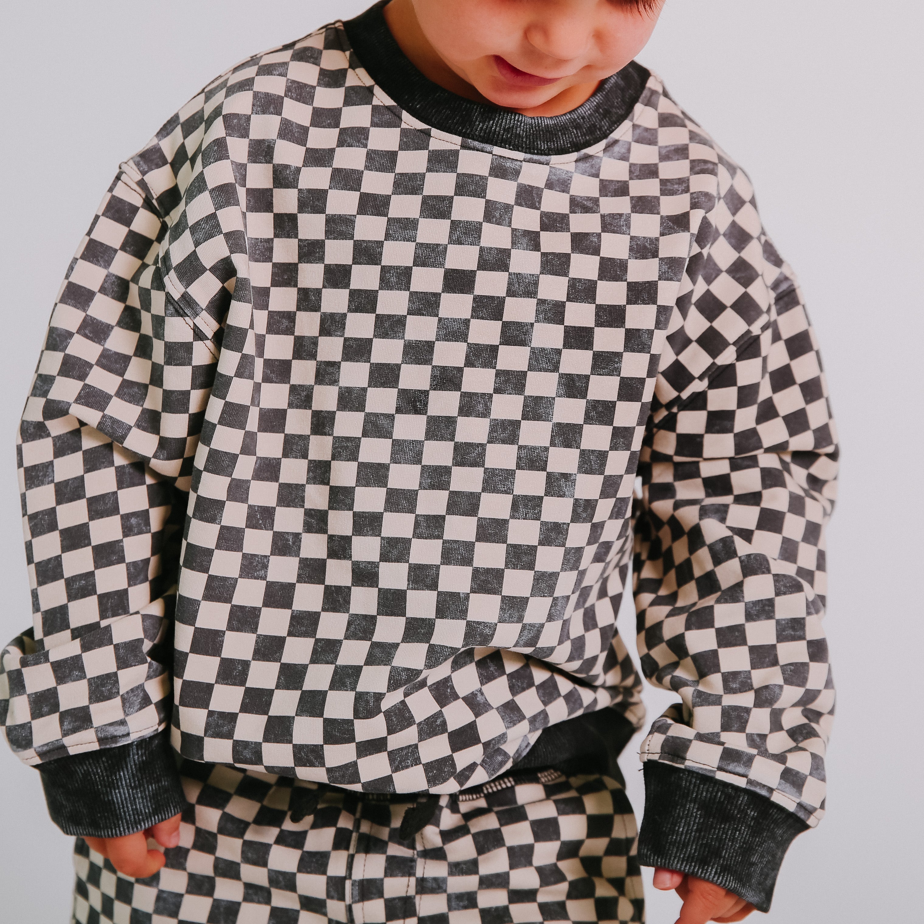 Drop Shoulder Crewneck - Washed B&W Check