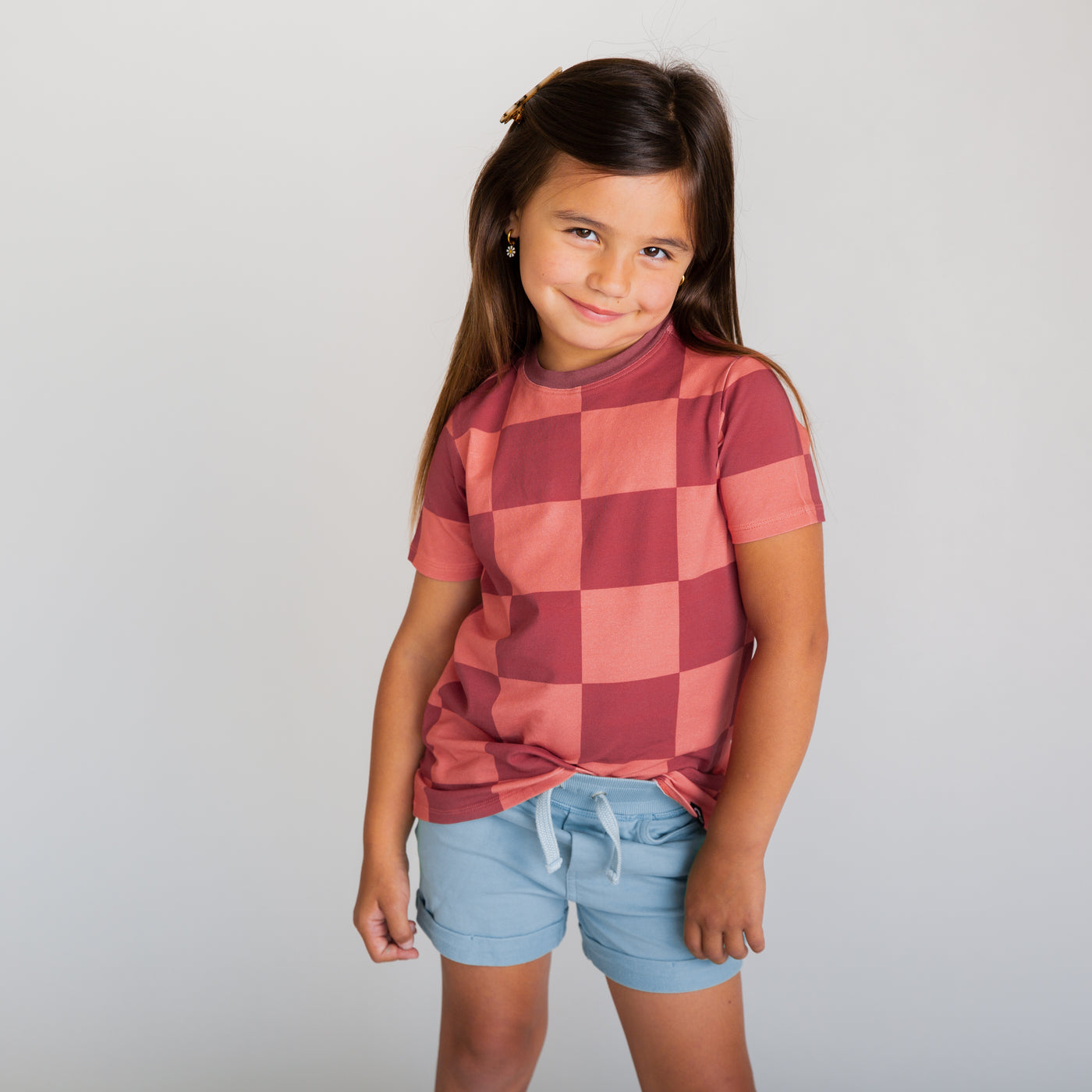 Essentials Short Sleeve Rounded Kids Tee - 'Pink Check'