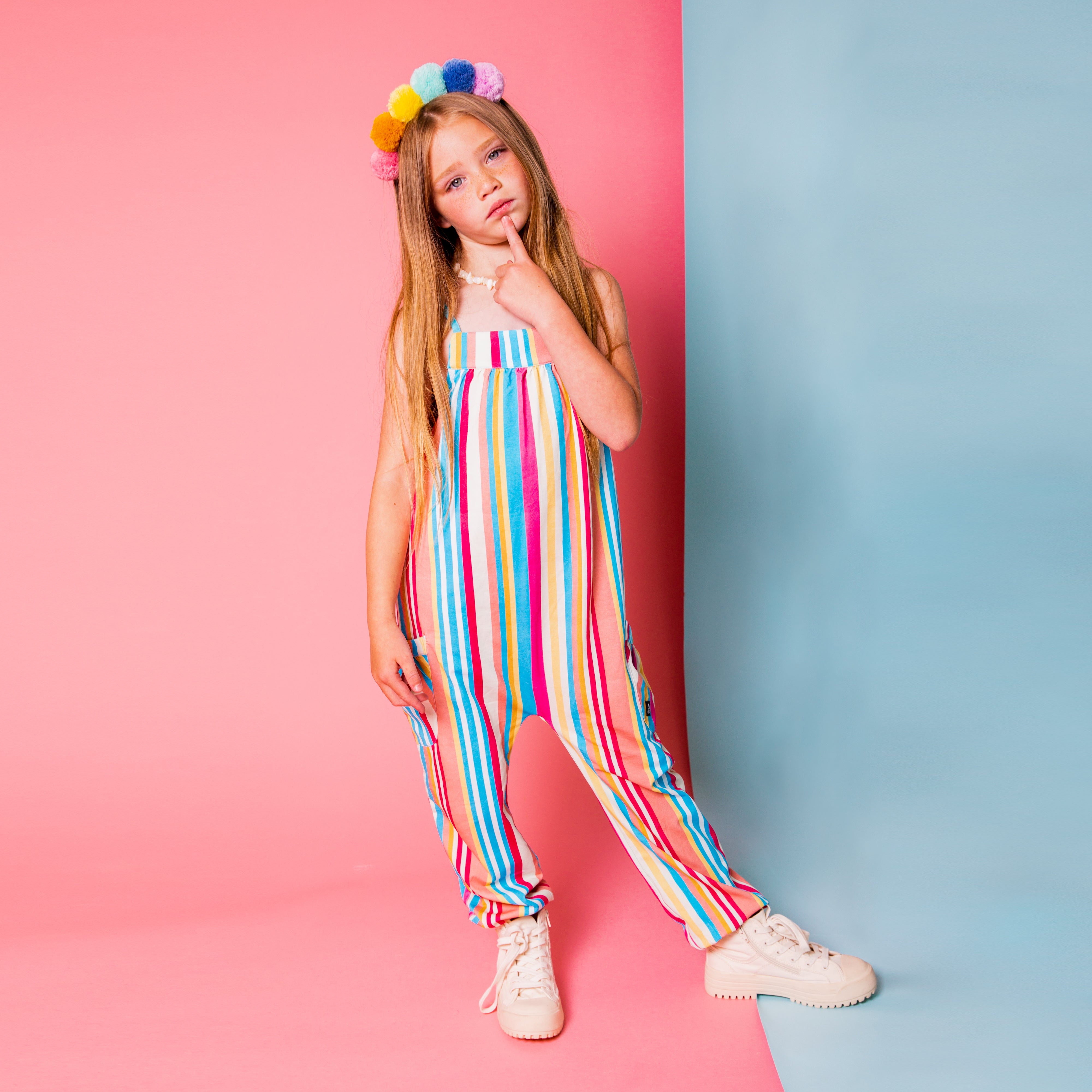 Gathered Strappy Tank Rag Romper With Side Pockets - 'Multicolor Stripe'