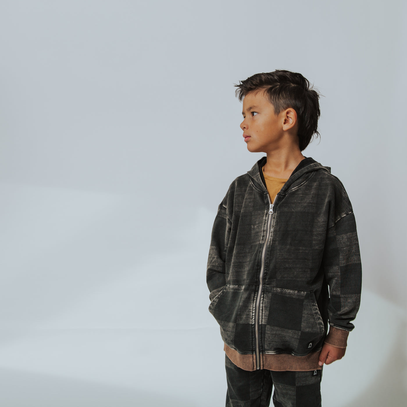 Zip-Up Hoodie - Washed Black Denim Check