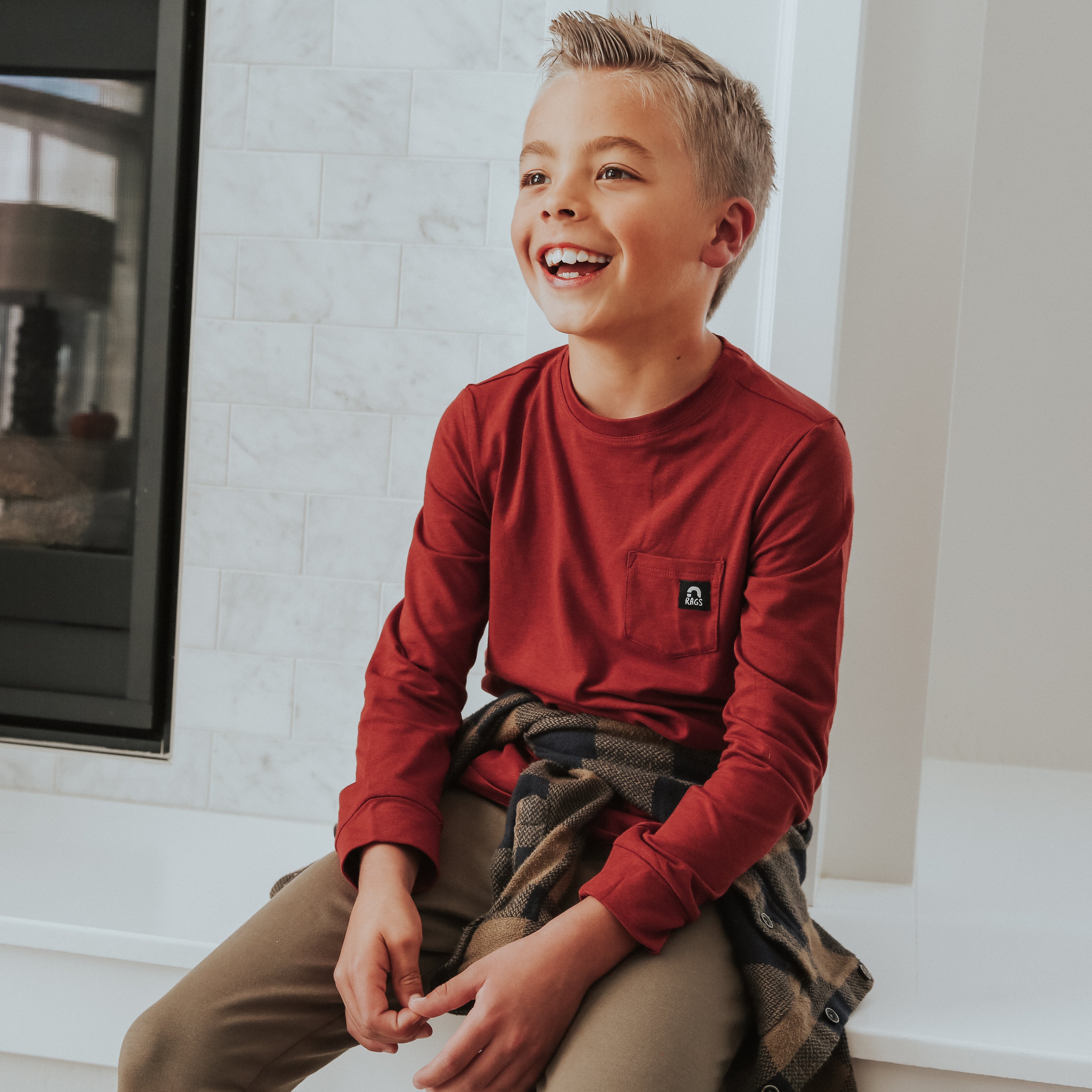 Essentials Long Sleeve Pocket Kids Tee - 'Brick Red (FINAL SALE)'