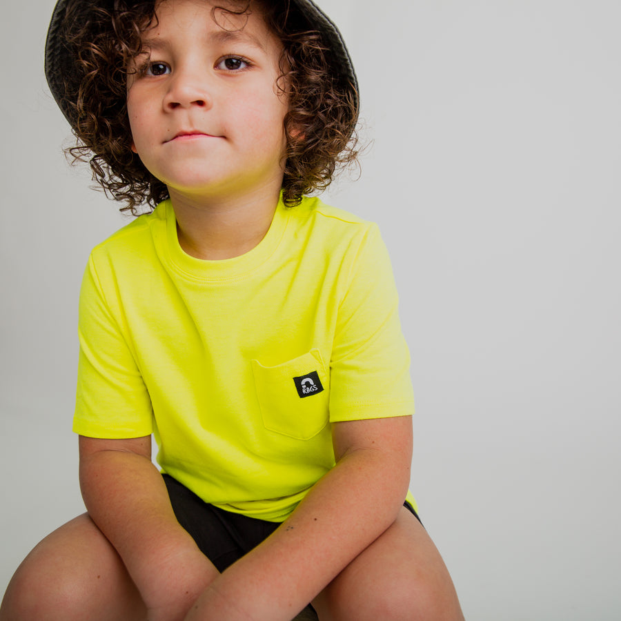 Essentials Short Sleeve Chest Pocket Rounded Kids Tee - 'Neon Yellow'
