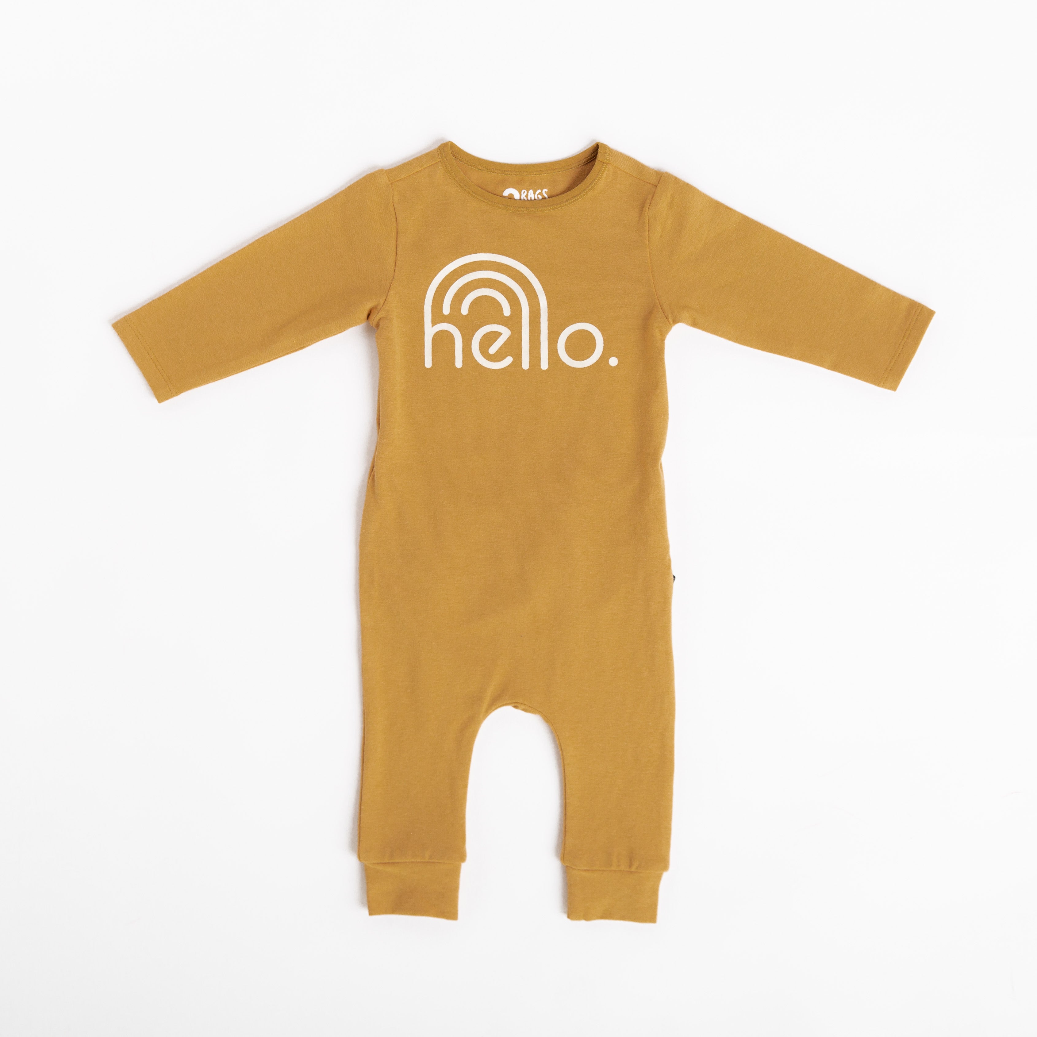 Peekabooty™ Rag Romper - 'Hello' in Curry