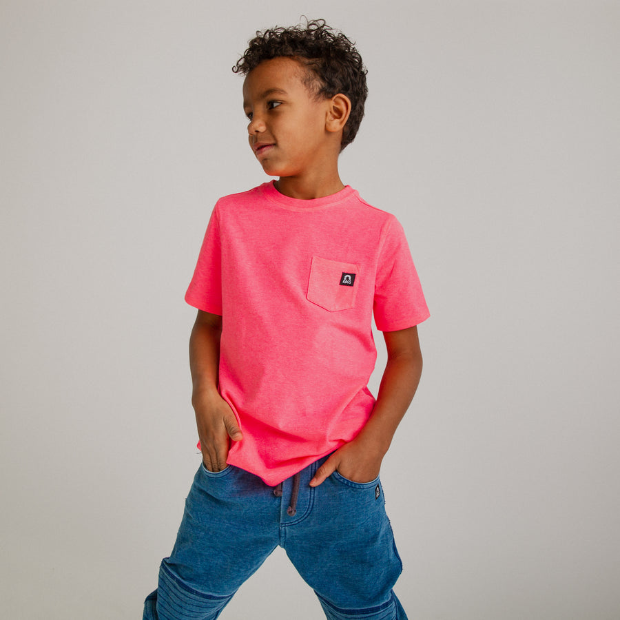 Essentials Short Sleeve Chest Pocket Rounded Kids Tee - 'Neon Pink'