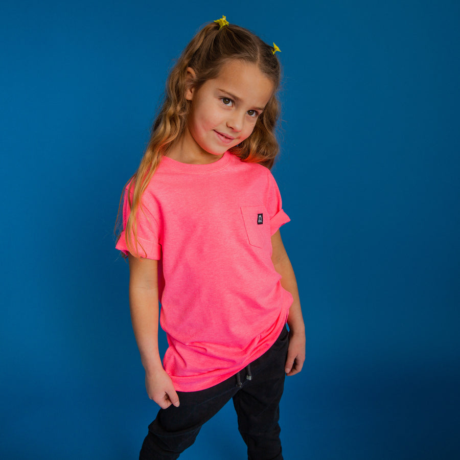 Essentials Short Sleeve Chest Pocket Rounded Kids Tee - 'Neon Pink'