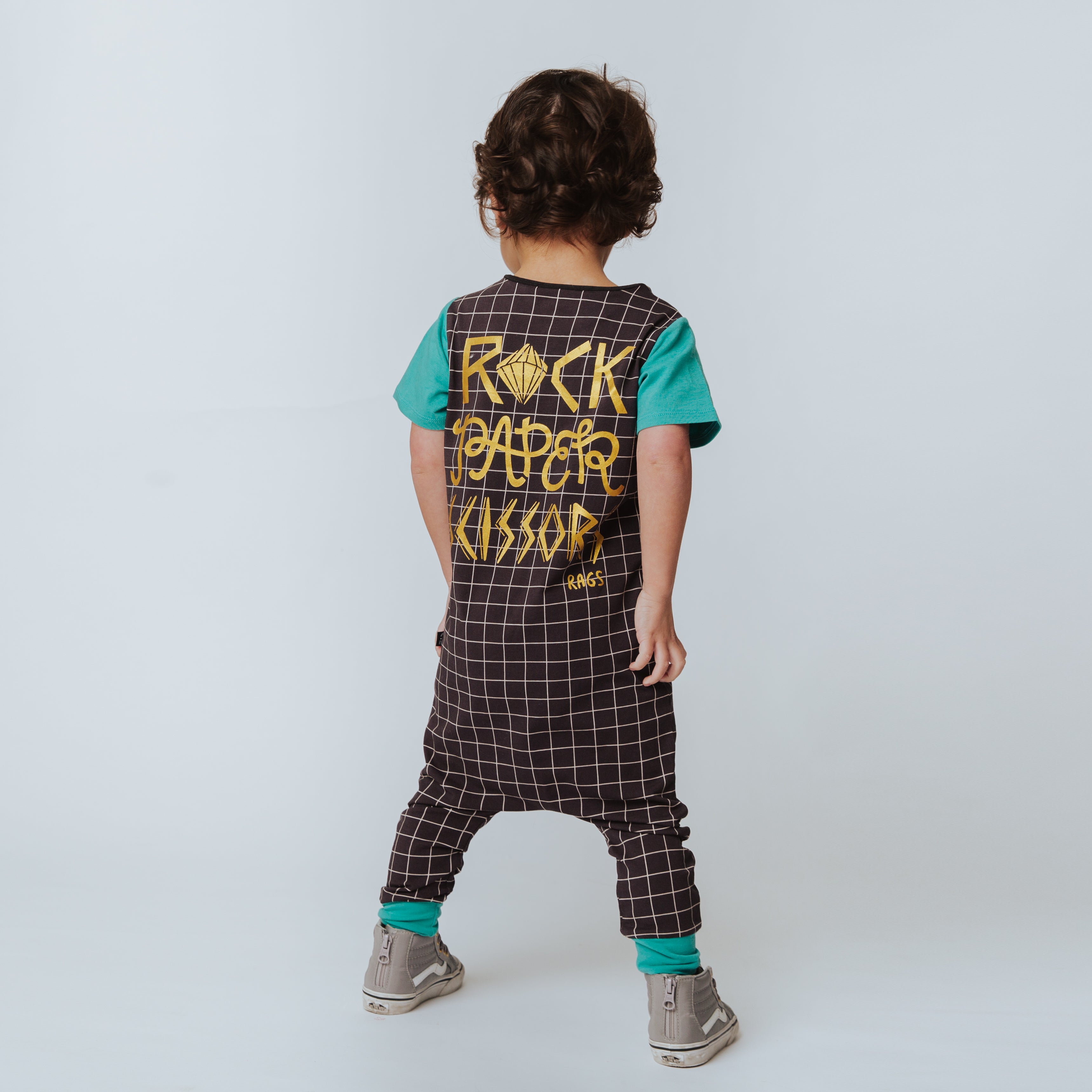 Rag Romper - Rock Paper Scissors - Black Grid