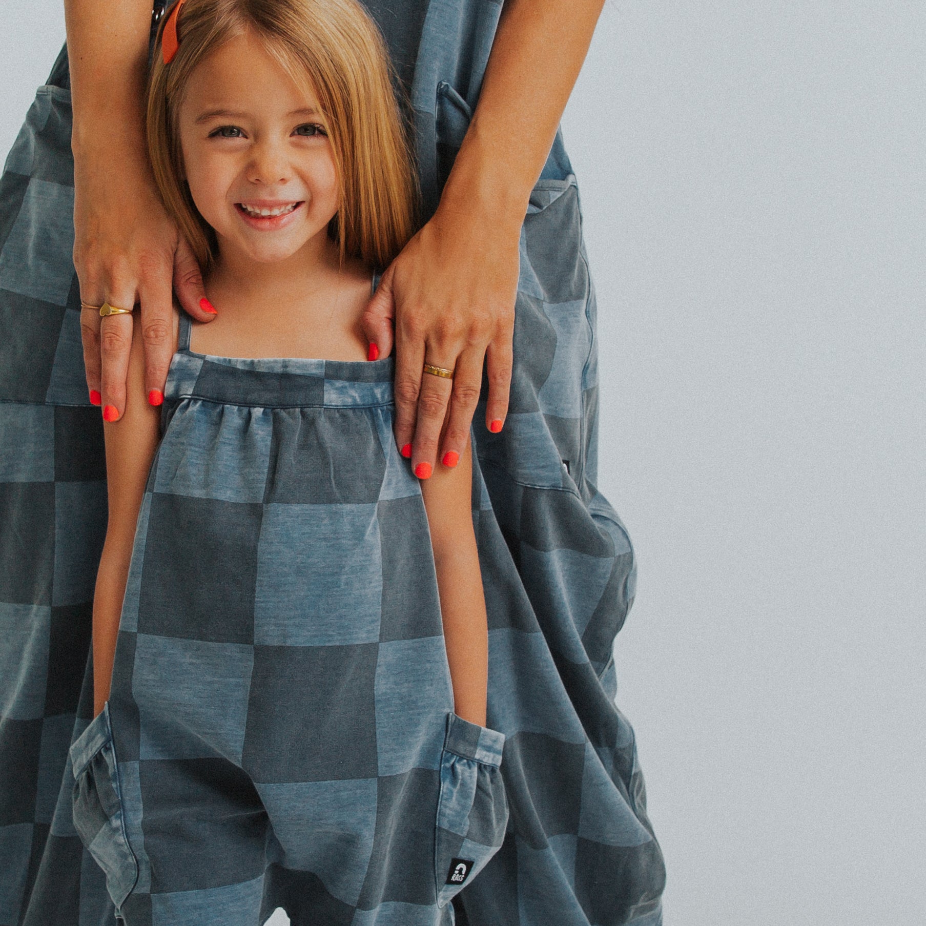 Gathered Strappy Tank Rag Romper With Side Pockets- Blue Denim Check