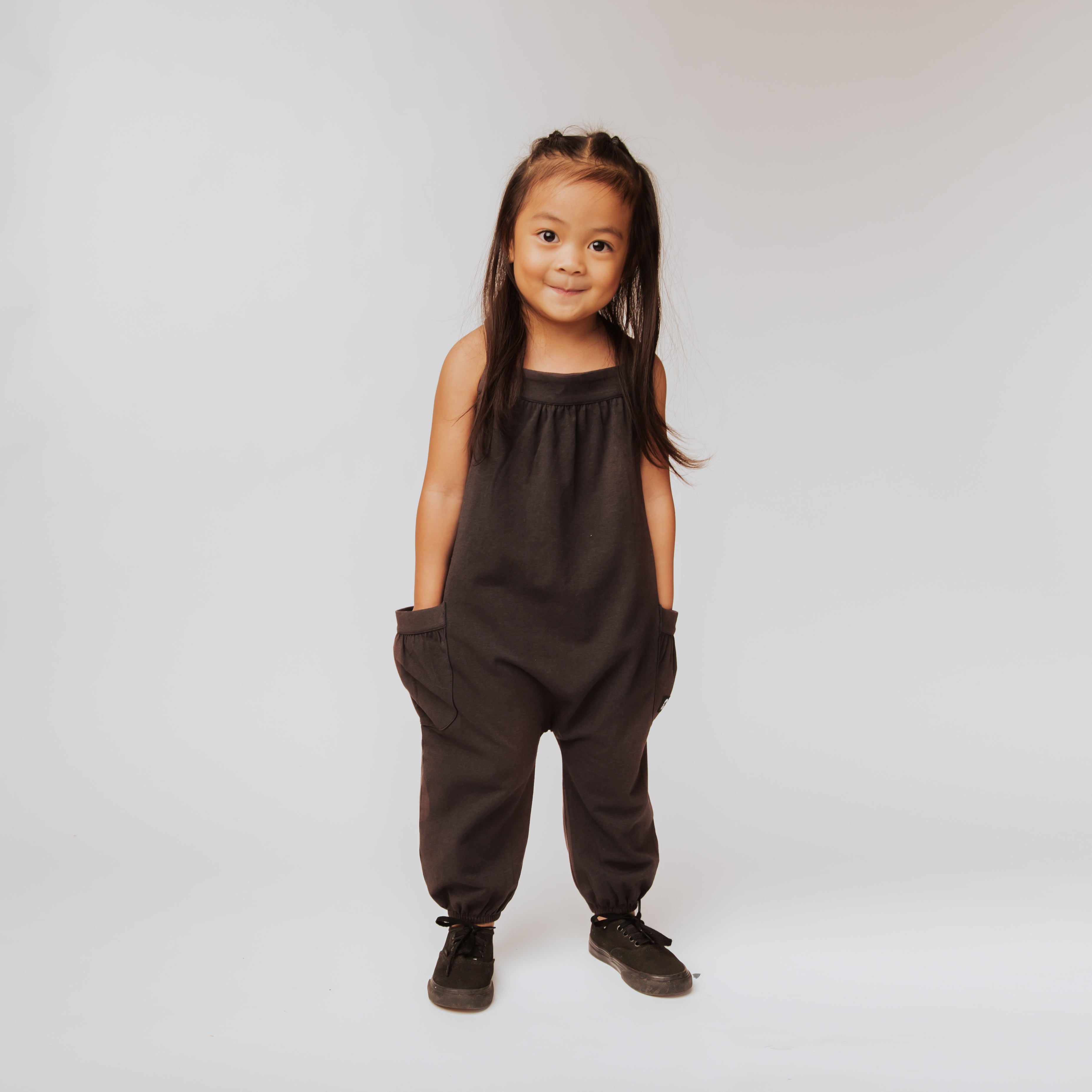 Gathered Strappy Tank Rag Romper With Pockets - 'Black Licorice'
