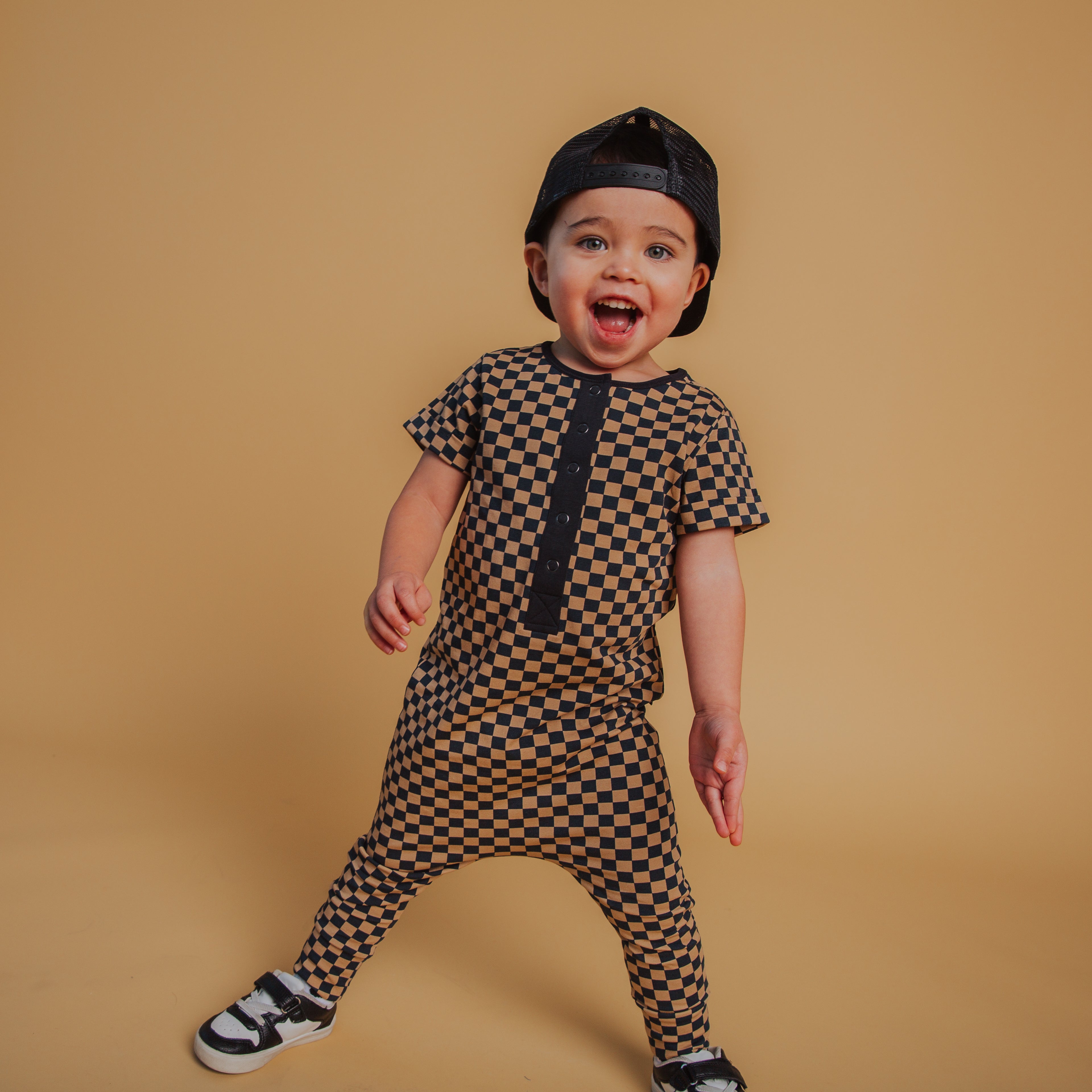 Rag Romper - Black & Tan Check