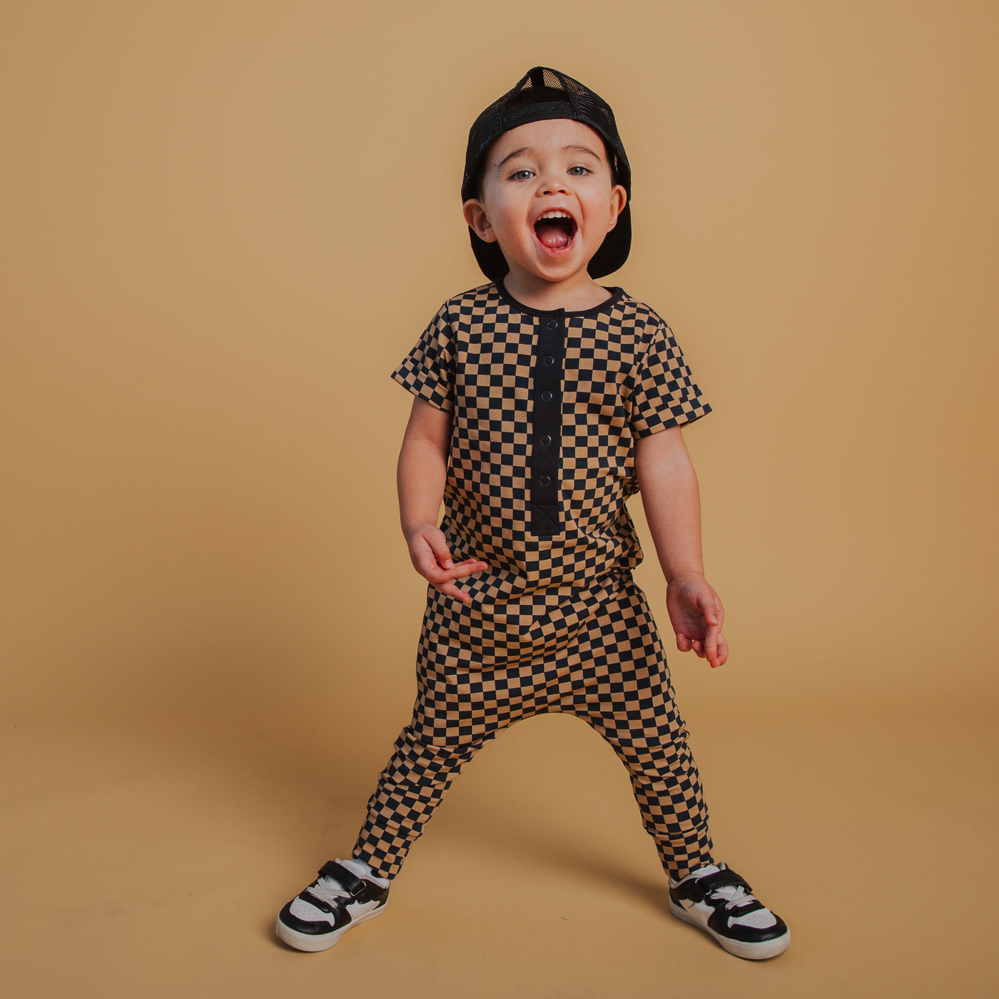 Rag Romper - Black & Tan Check