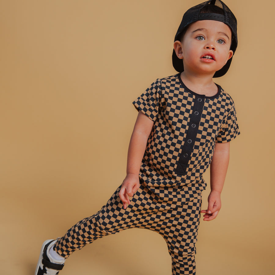 Rag Romper - Black & Tan Check