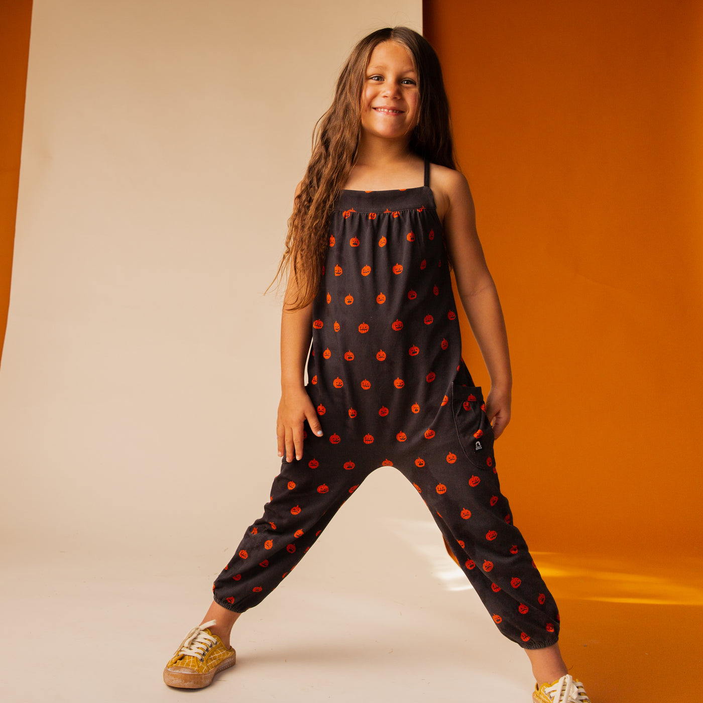 Gathered Strappy Tank Rag Romper With Side Pockets - 'Pumpkins (FINAL SALE)' - RAGS Halloween Collection
