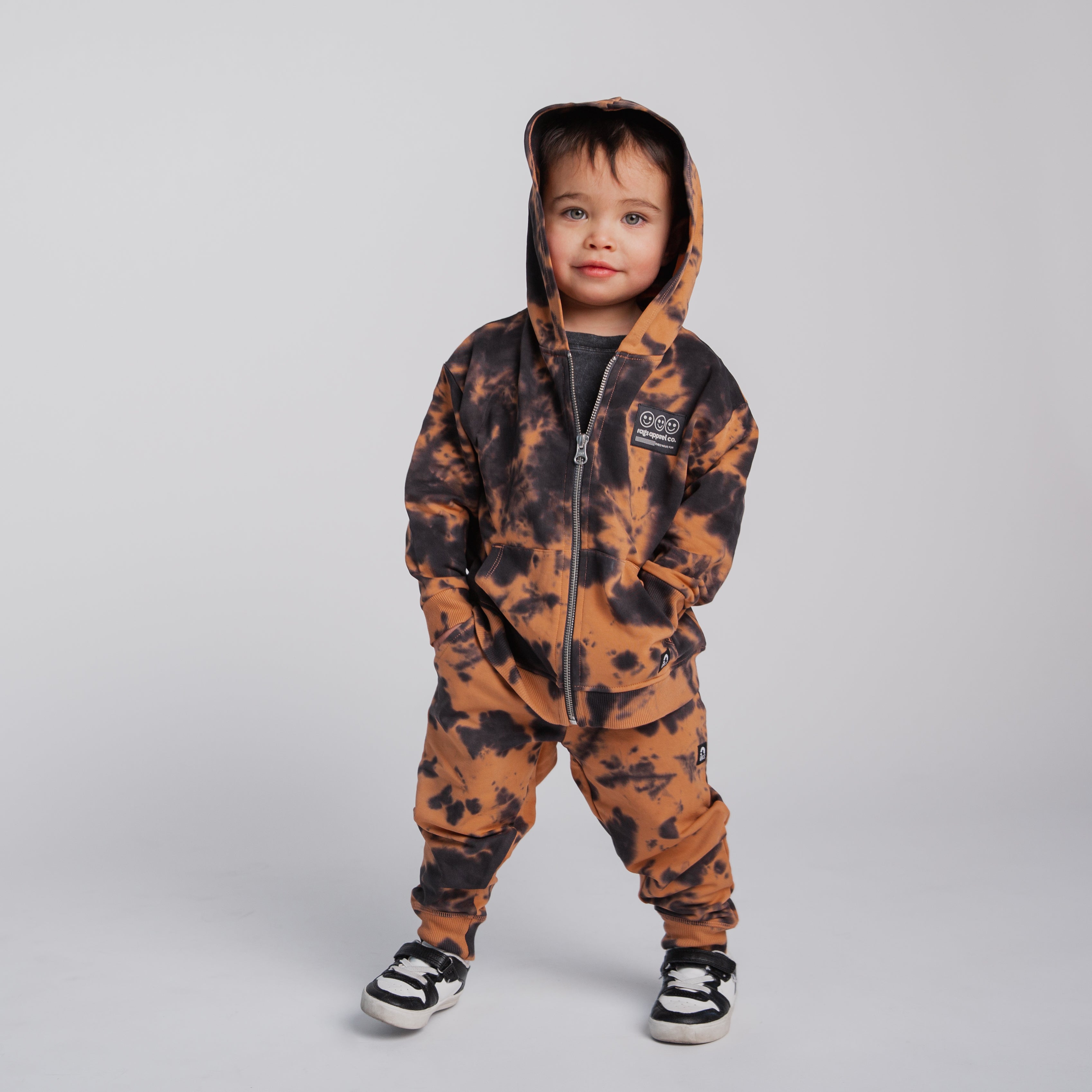 Kids Zip Up Hoodie - Copper & Black Tie Dye