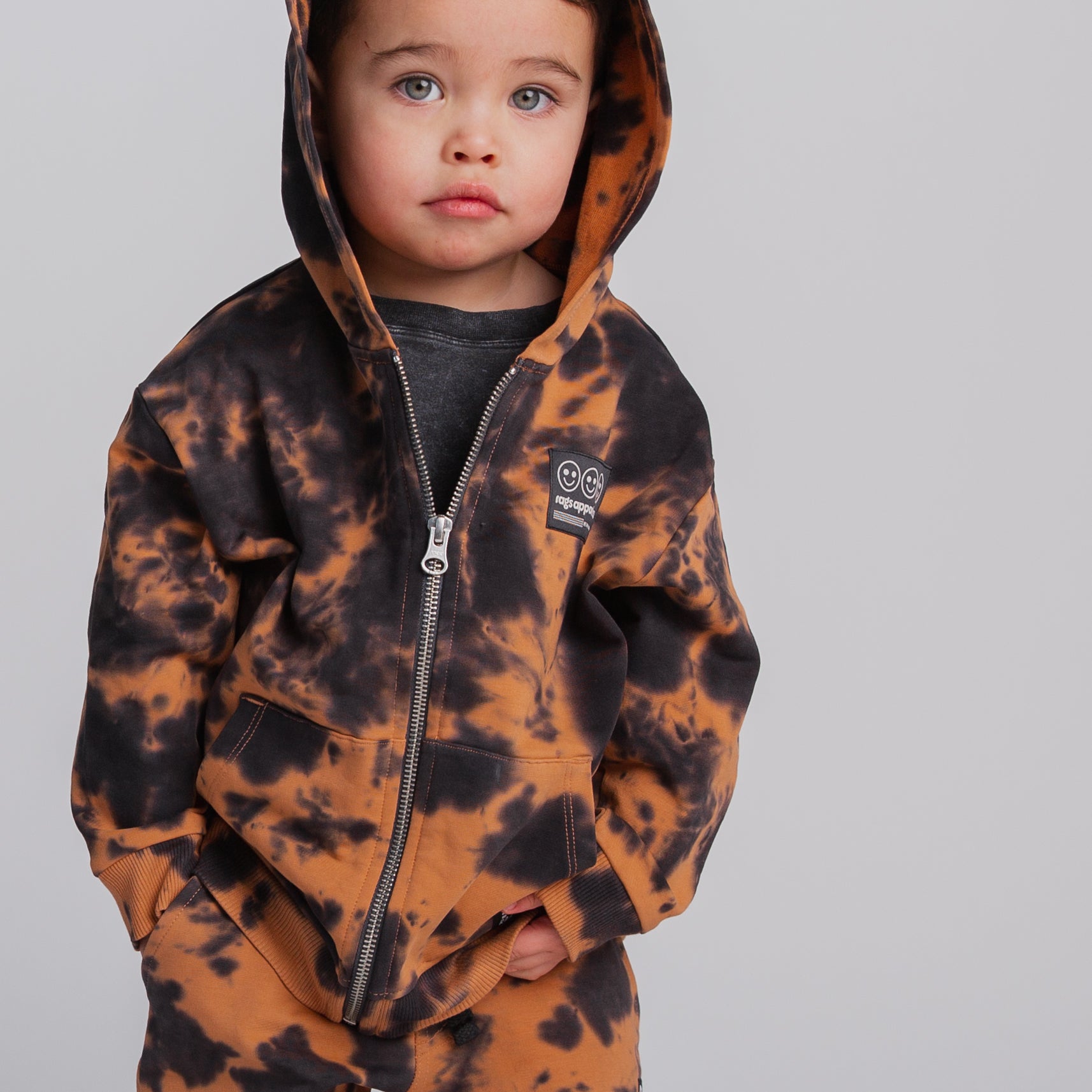 Kids Zip Up Hoodie - Copper & Black Tie Dye
