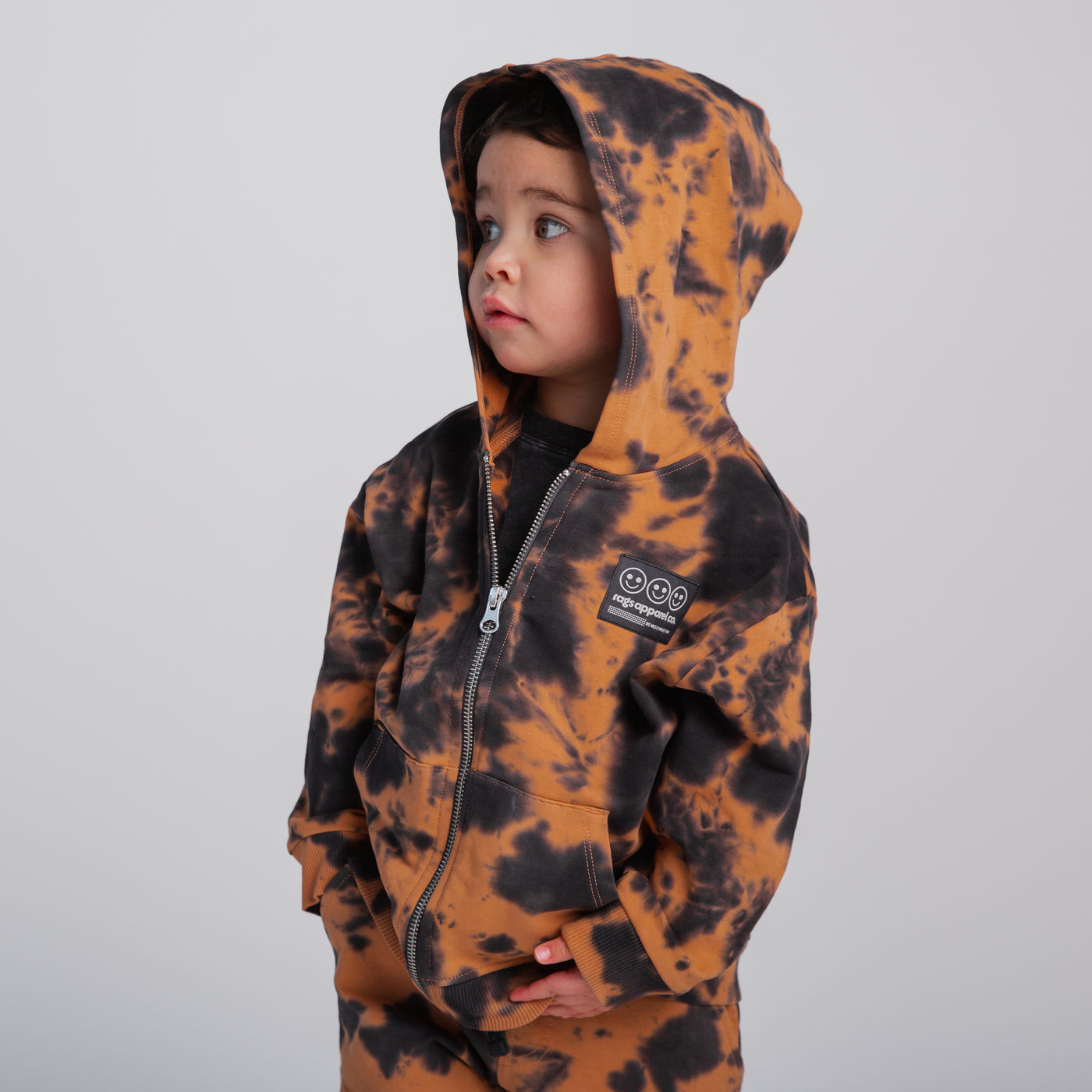 Kids Zip Up Hoodie - Copper & Black Tie Dye