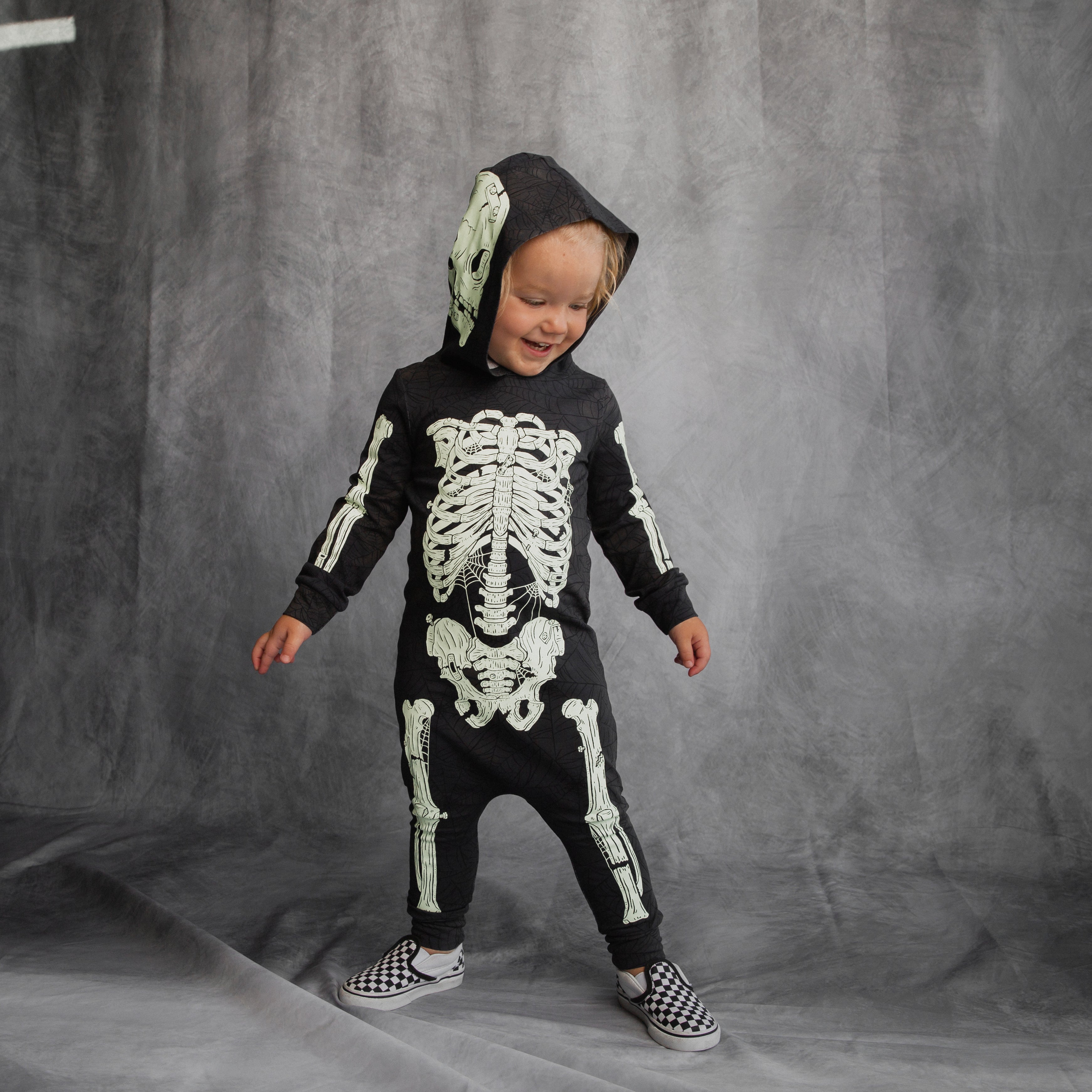 Long Sleeve Hooded Rag Romper - 'Full body Skelly' - Black