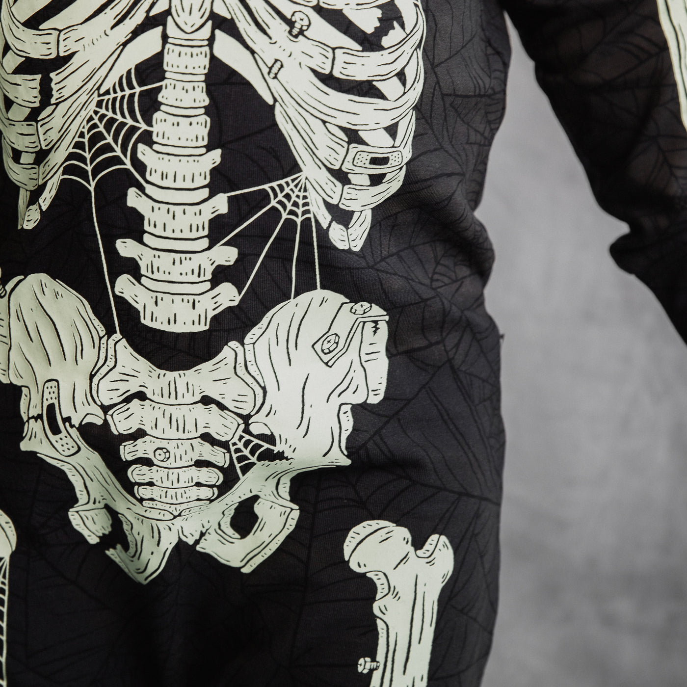 Long Sleeve Hooded Rag Romper - 'Full body Skelly' - Black