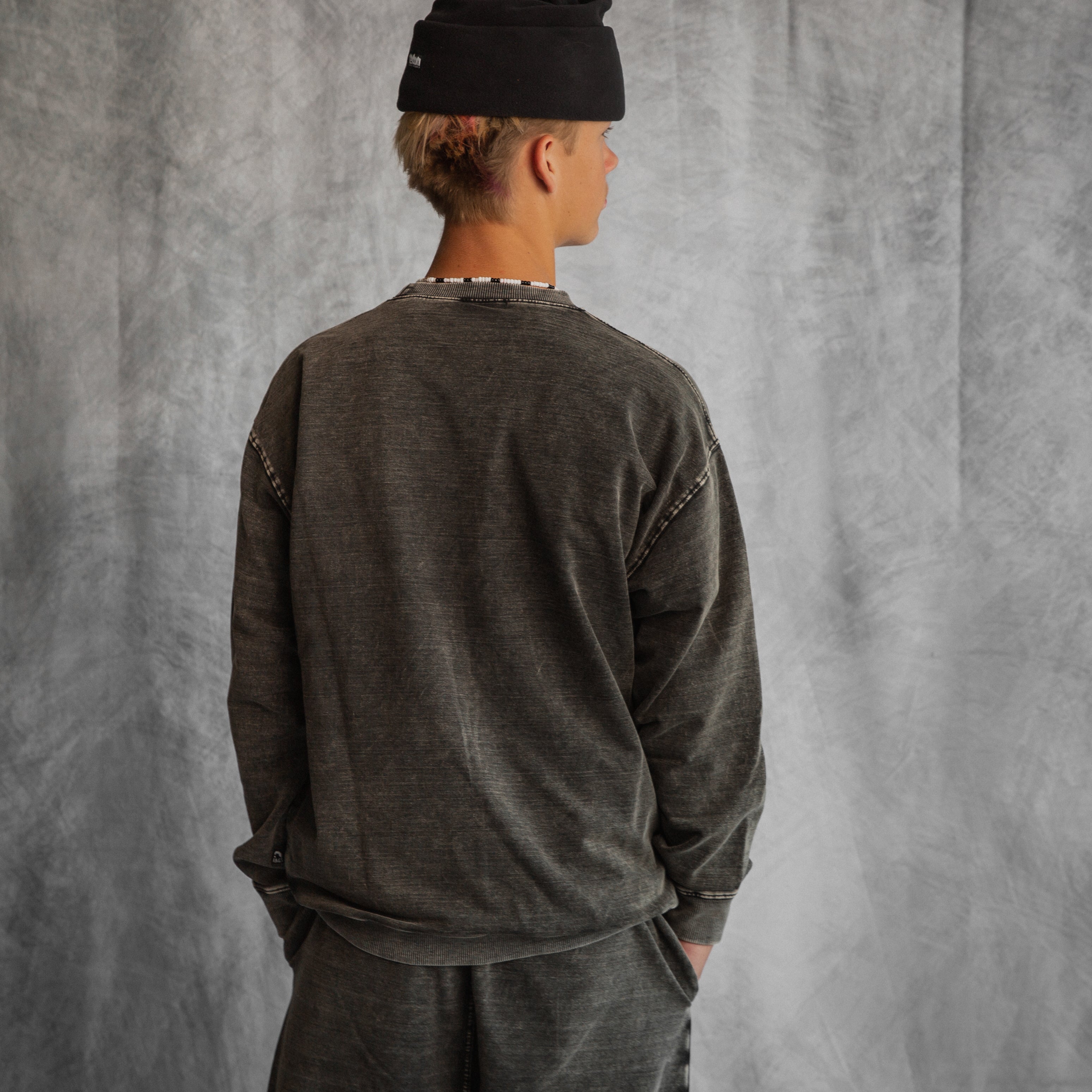 Adult Unisex Crewneck - 'Skelly' - Washed Black Denim