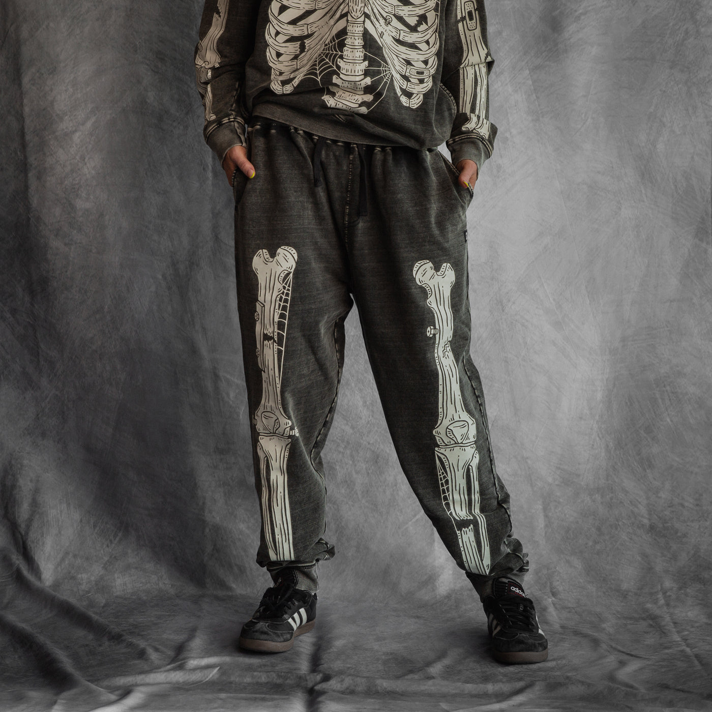 Adult Unisex Joggers - Cream Skelly on Washed Black Denim