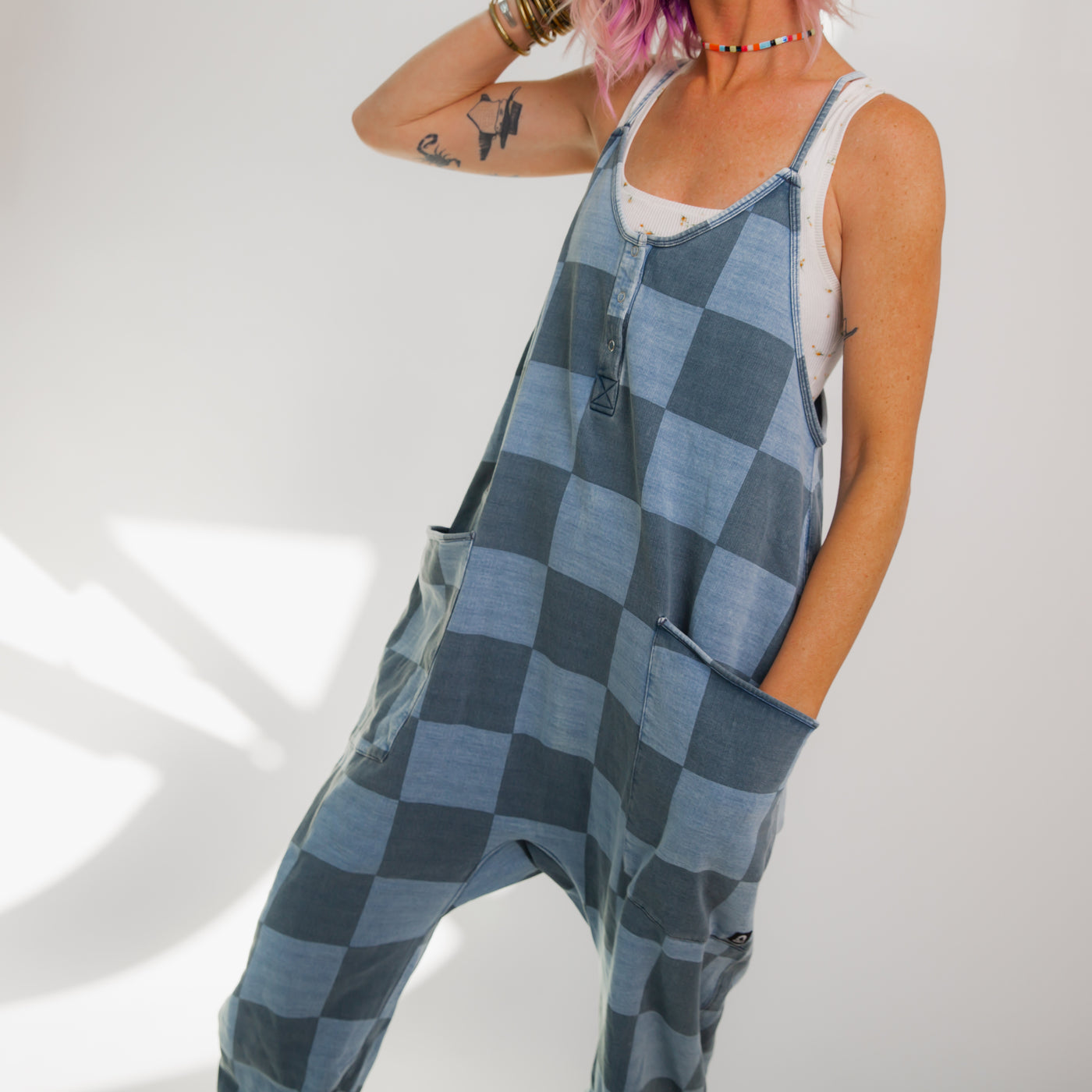 Women's Tank Romper - Blue Denim Check