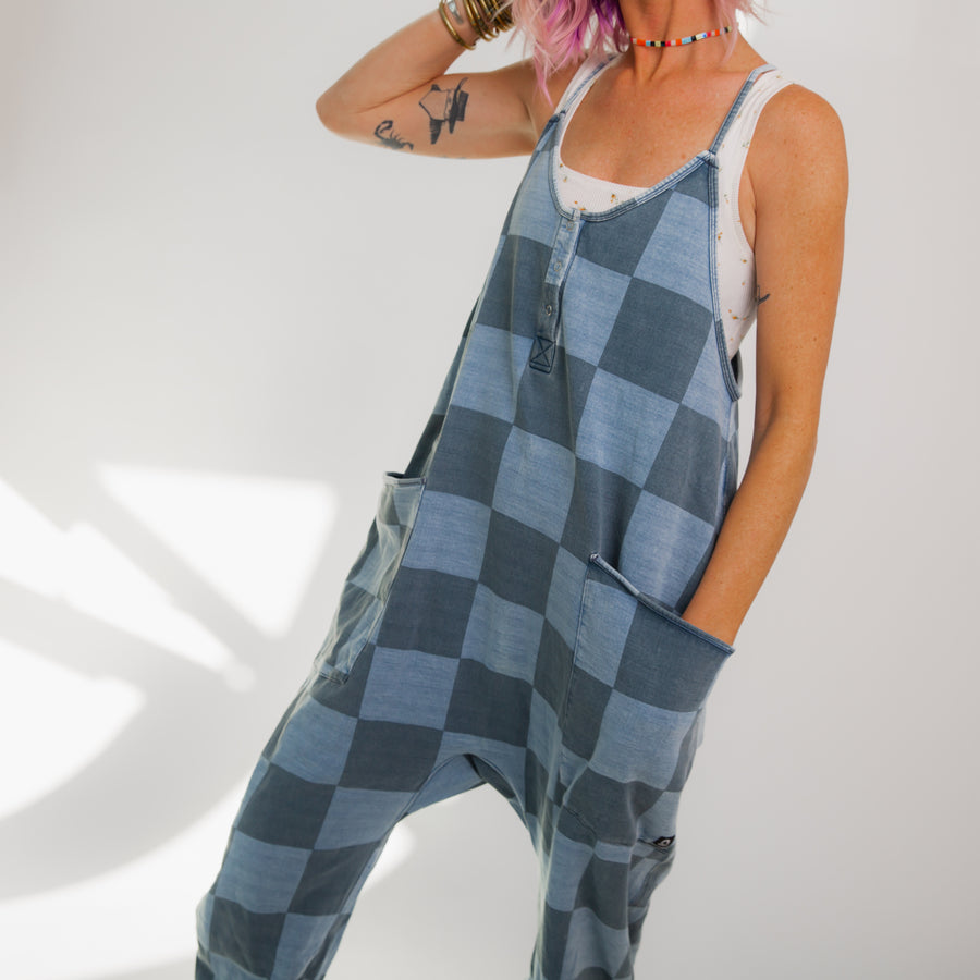 Women's Tank Romper - Blue Denim Check