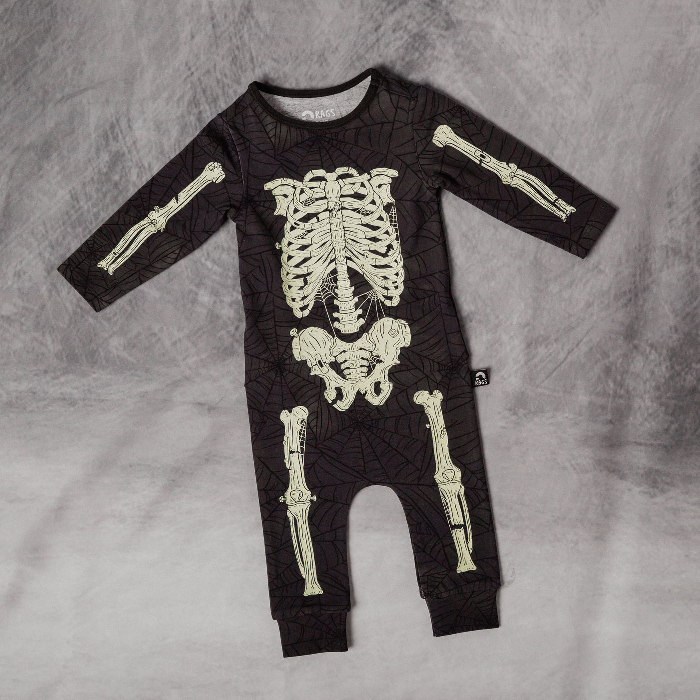 Peekabooty™ Rag Romper - 'Full Body Skelly' - Black