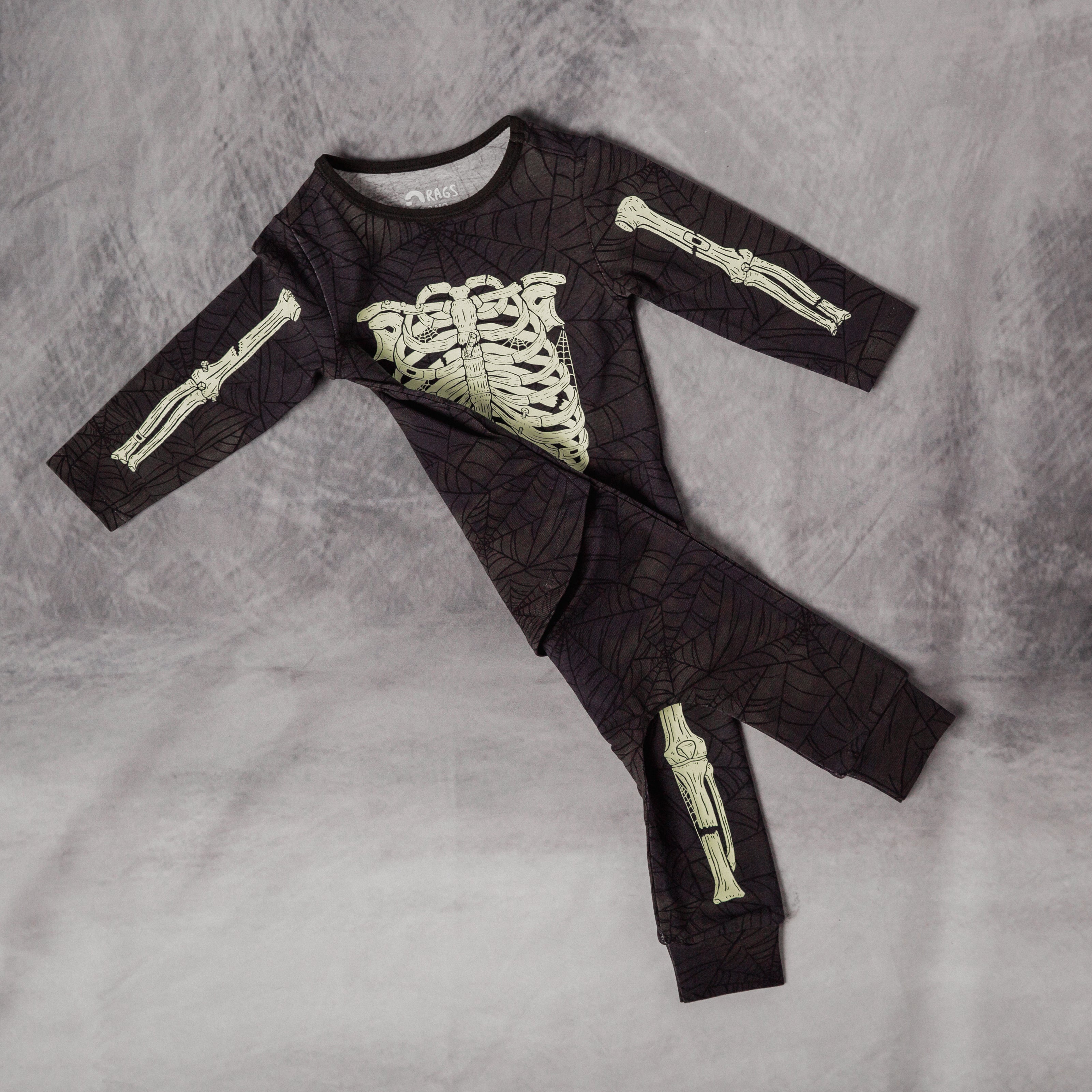 Peekabooty™ Rag Romper - 'Full Body Skelly' - Black