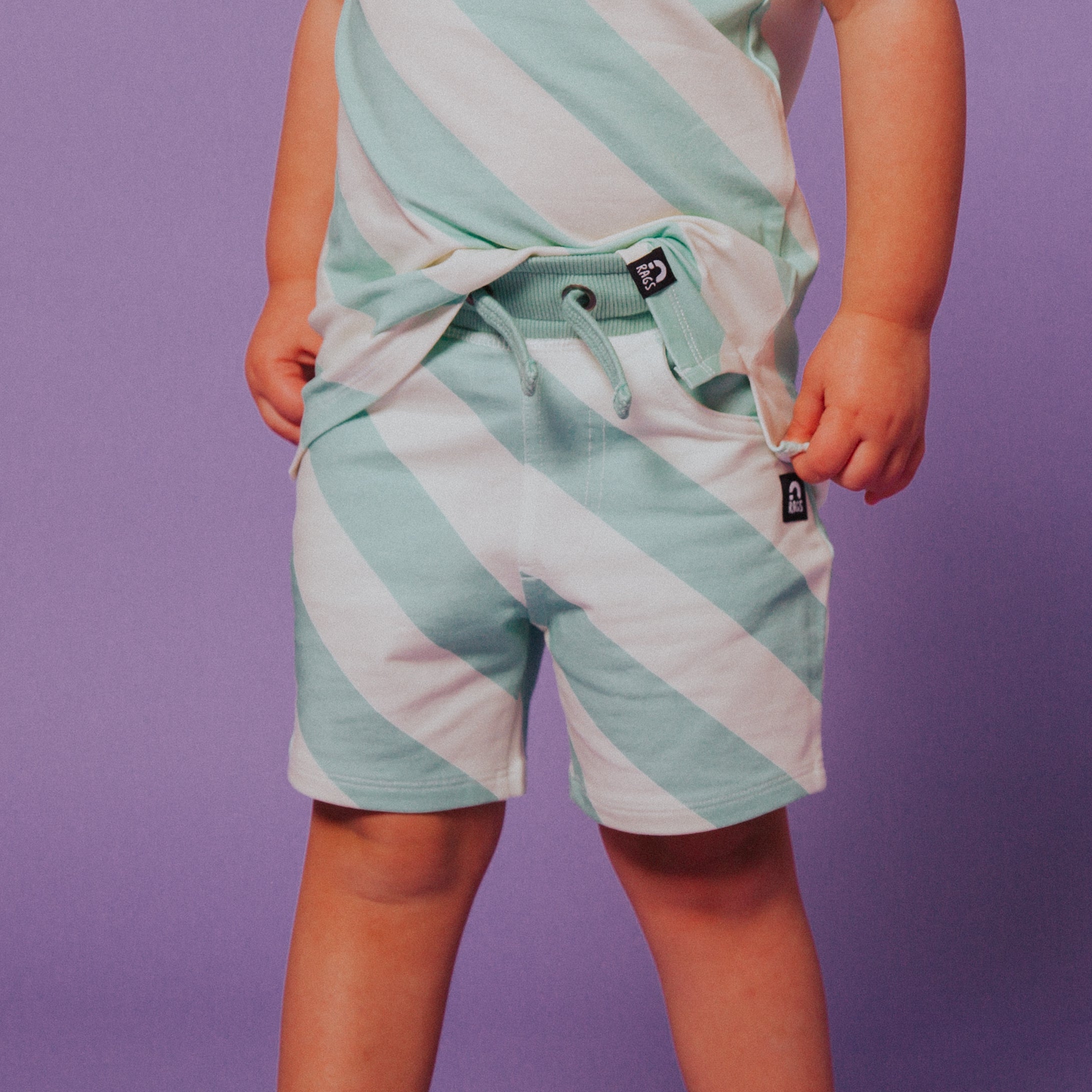 Kids Essentials Shorts - Sea Foam Diagonal Stripe
