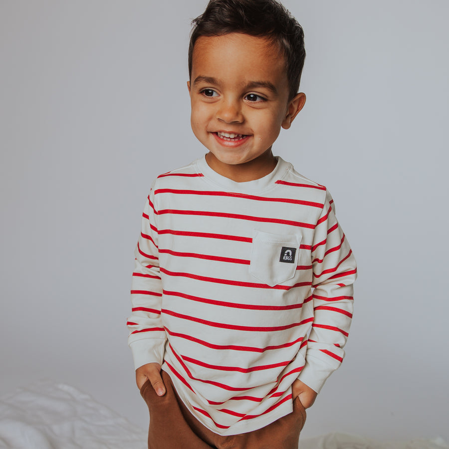 Essentials Long Sleeve Pocket Kids Tee - 'Red & White Stripe'