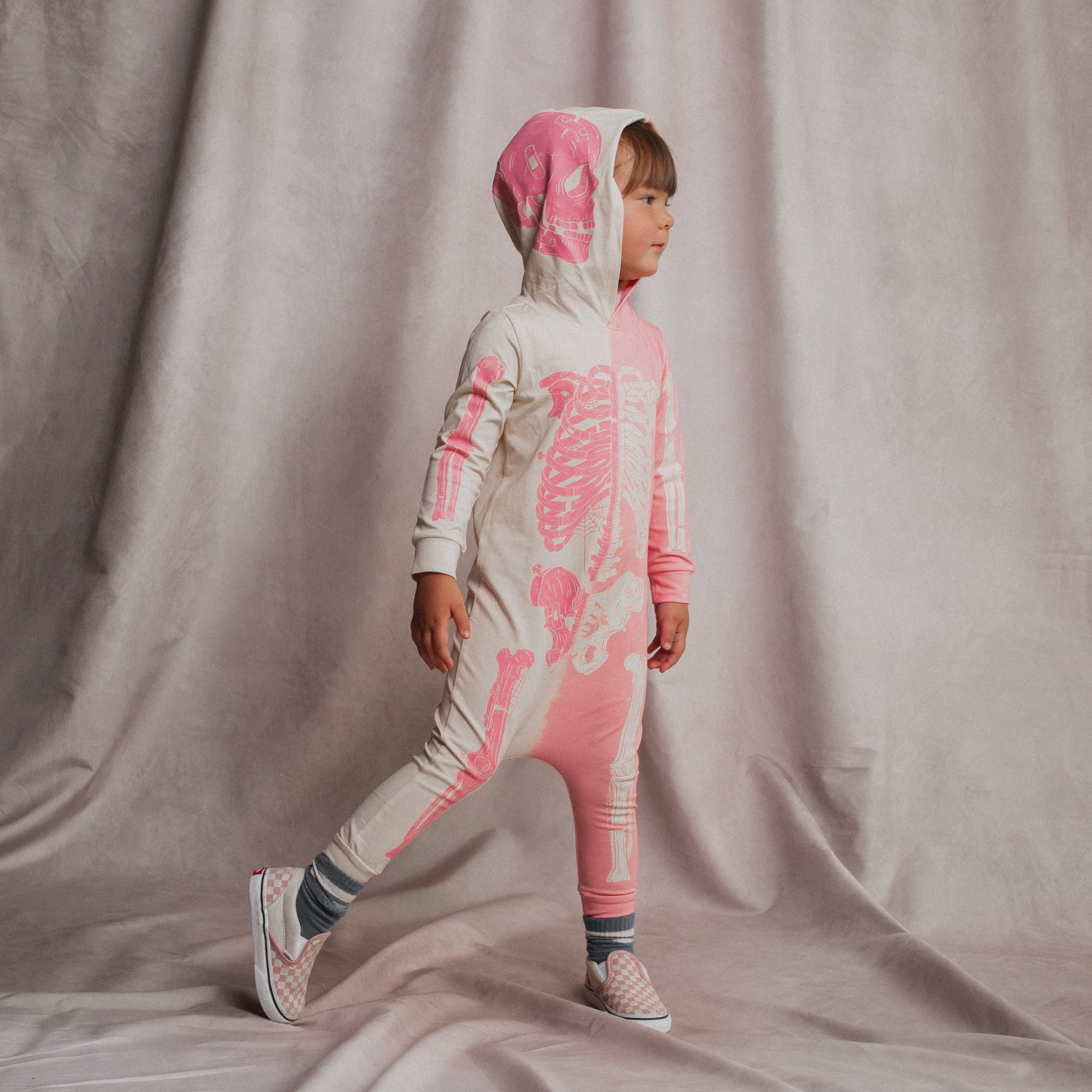 ***PREORDER*** Long Sleeve Hooded Rag Romper - 'Full Body Skelly' - Pink & White